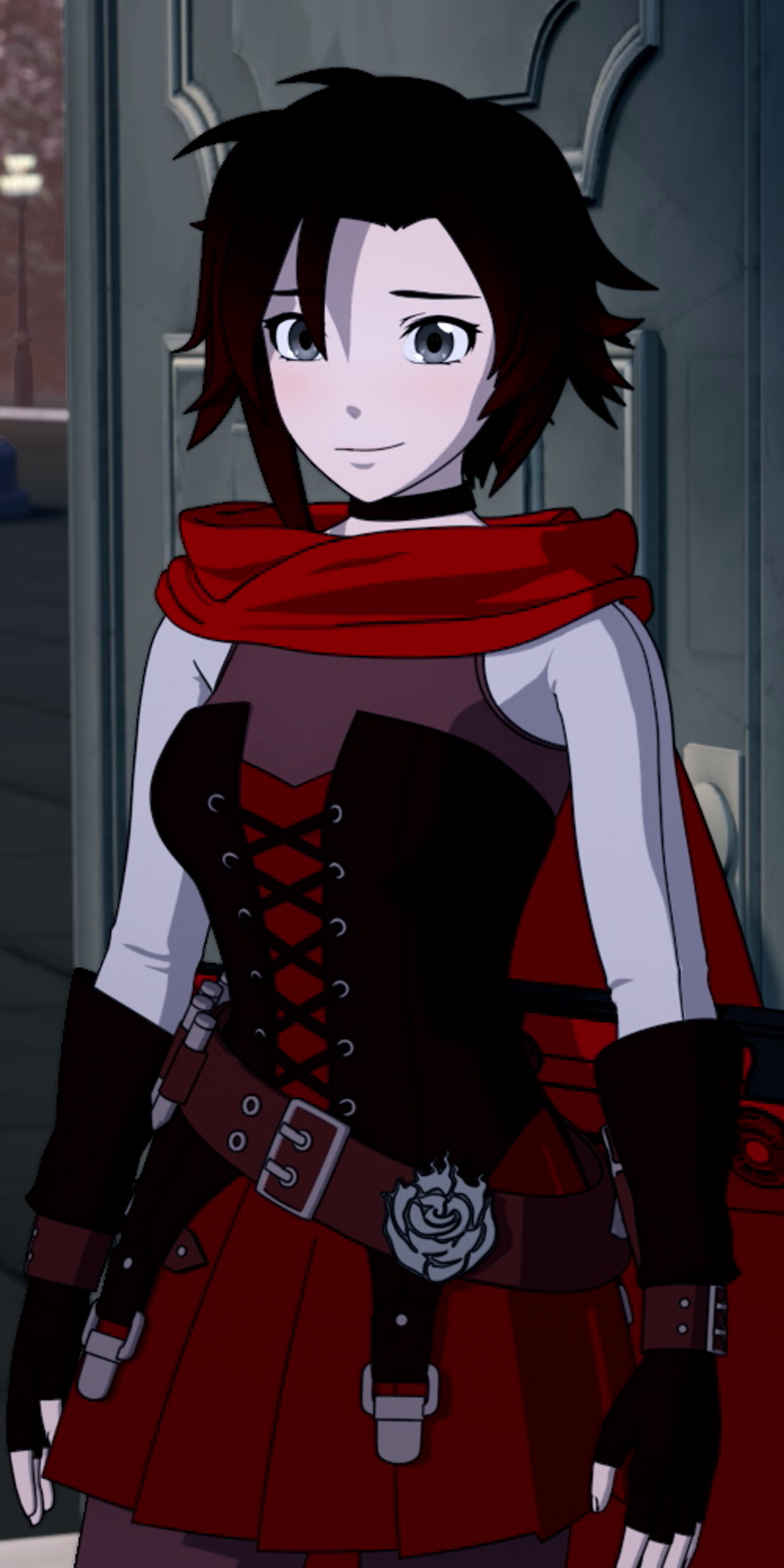 An anime-style character with dark hair and a red scarf, wearing a black and red outfit with a corset-style top, gloves, and boots.