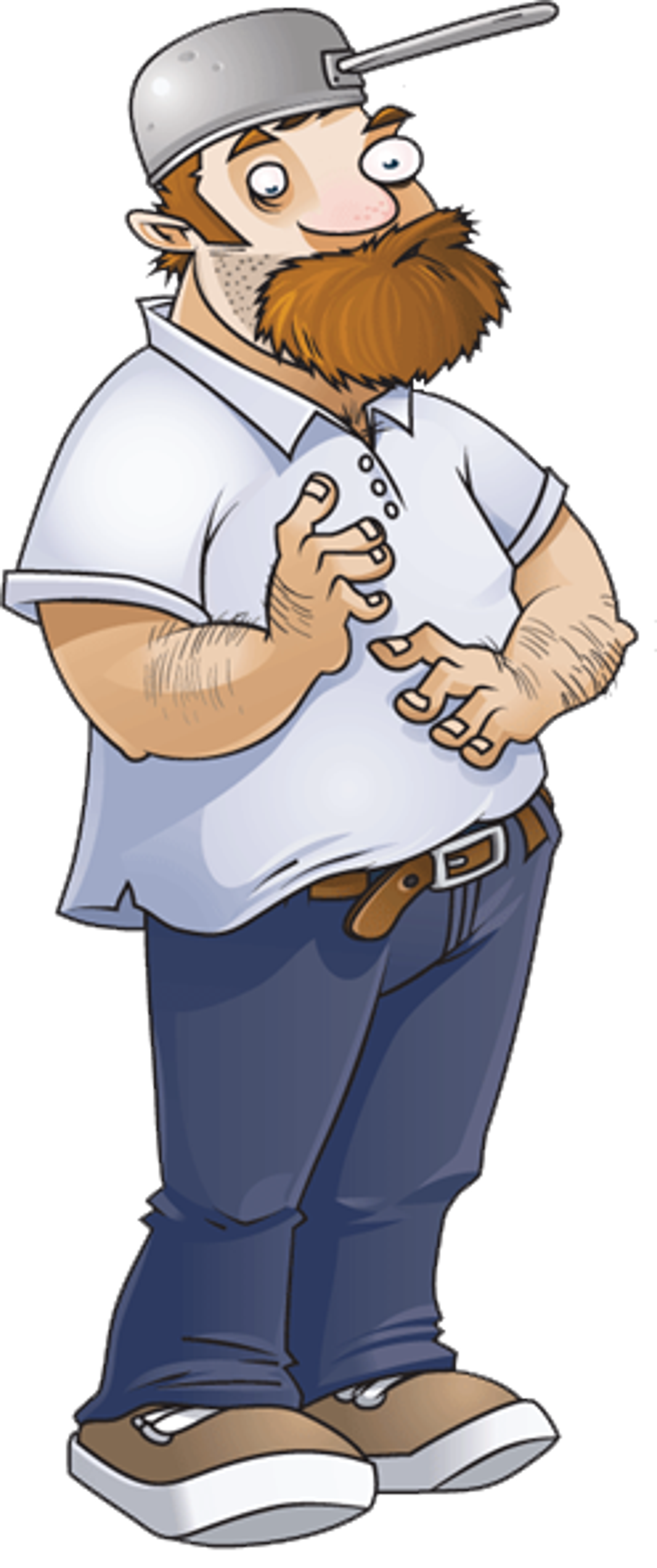 An eccentric, pot-wearing inventor character with a large beard and enthusiastic expression