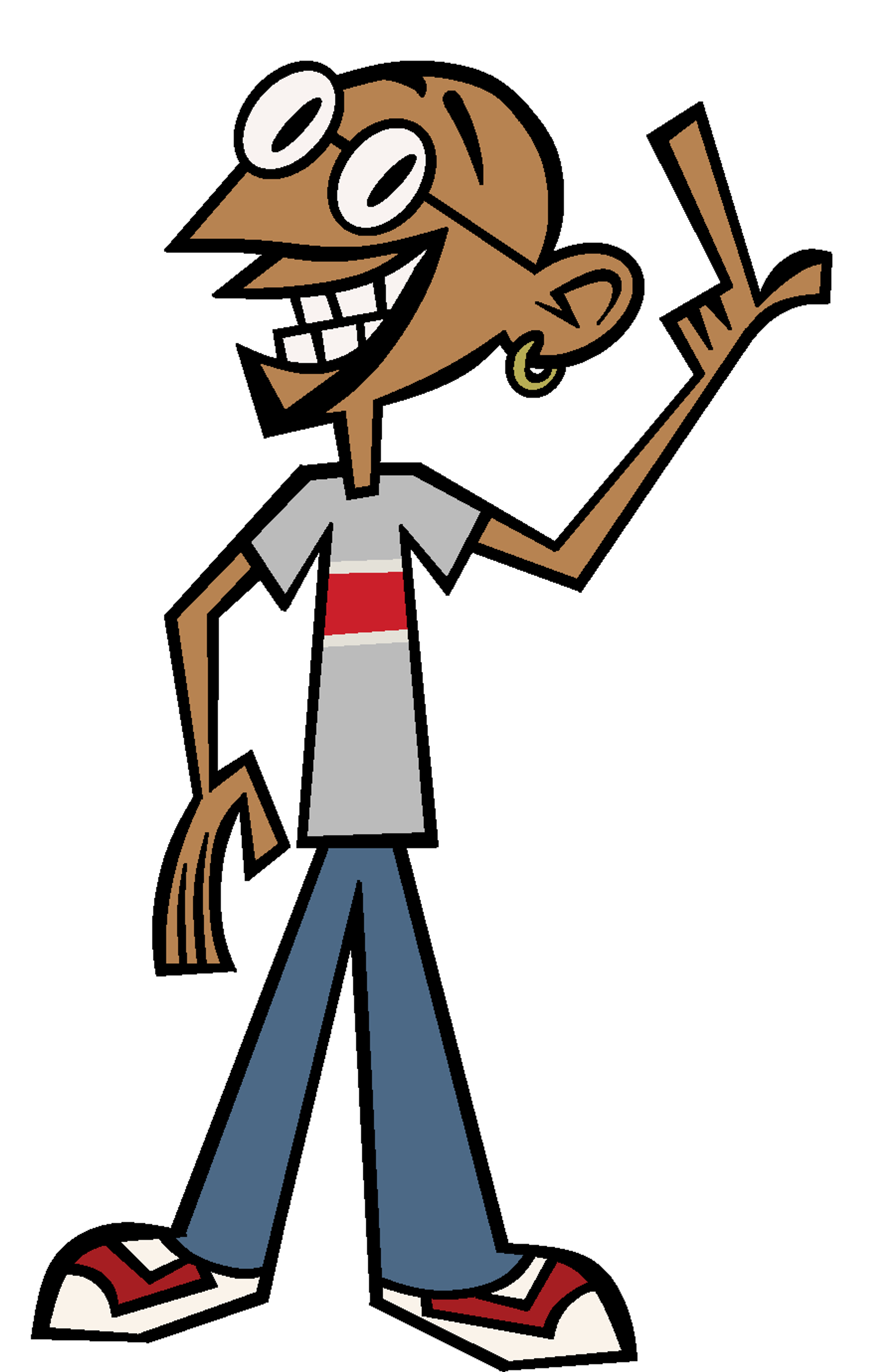 An animated character with a large head and wide grin, wearing a white shirt and blue jeans.