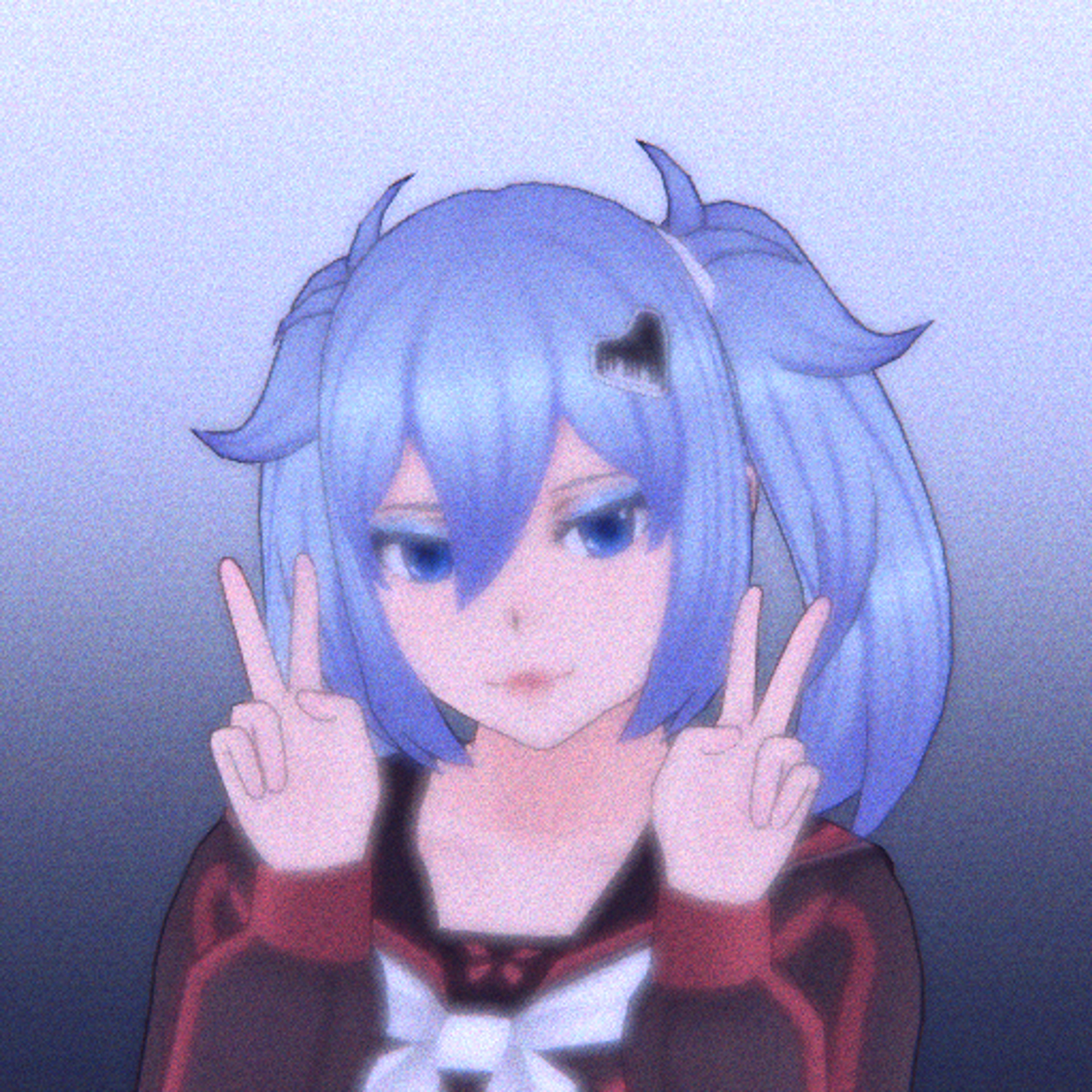 An anime-style character with light cyan hair in pigtails and bright blue eyes, wearing a school uniform with a heart-shaped piano hairpin.