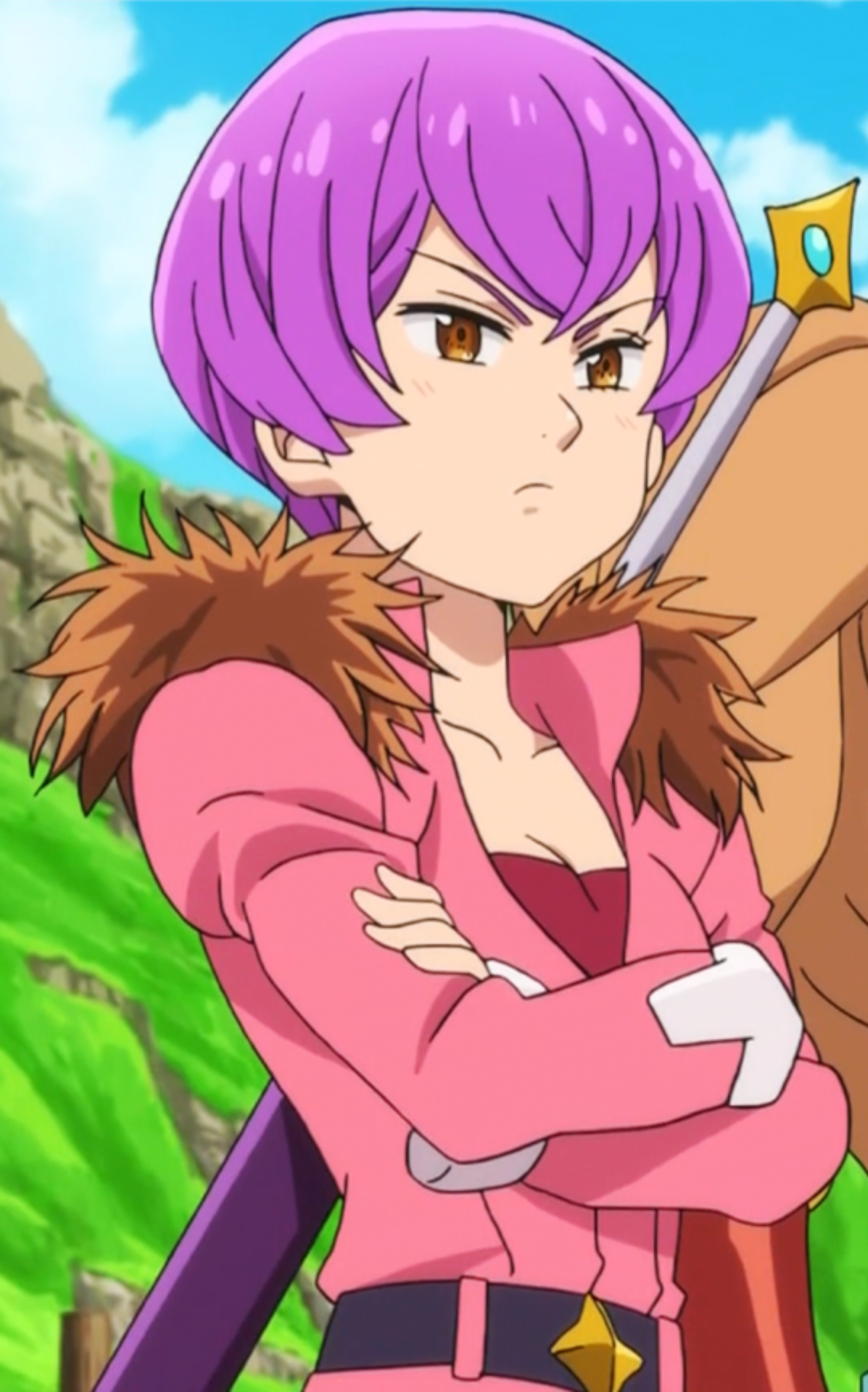 A young woman with short violet hair wearing a pink fur coat and knight-styled attire