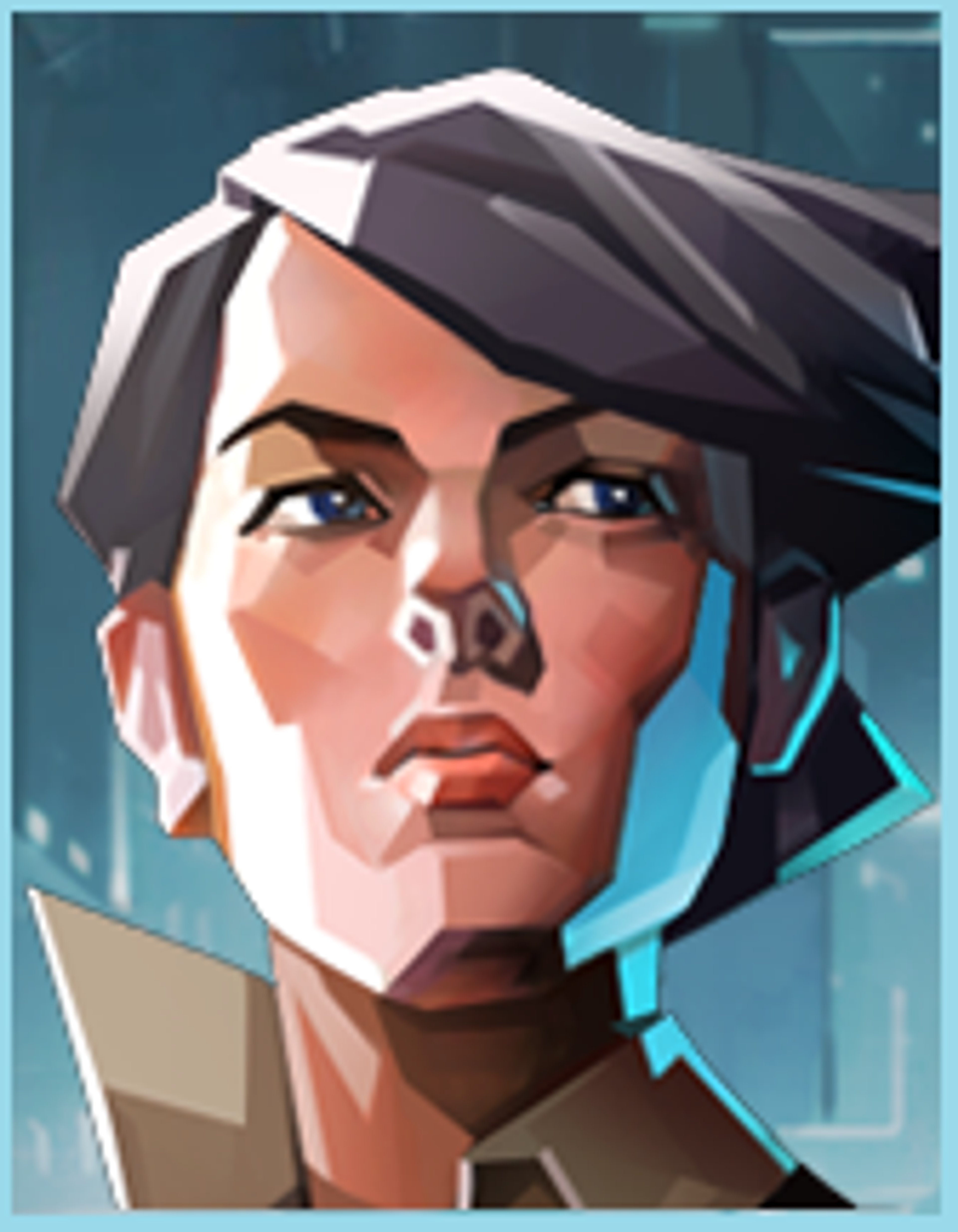 A portrait of a serious-looking woman with dark hair and intense eyes.