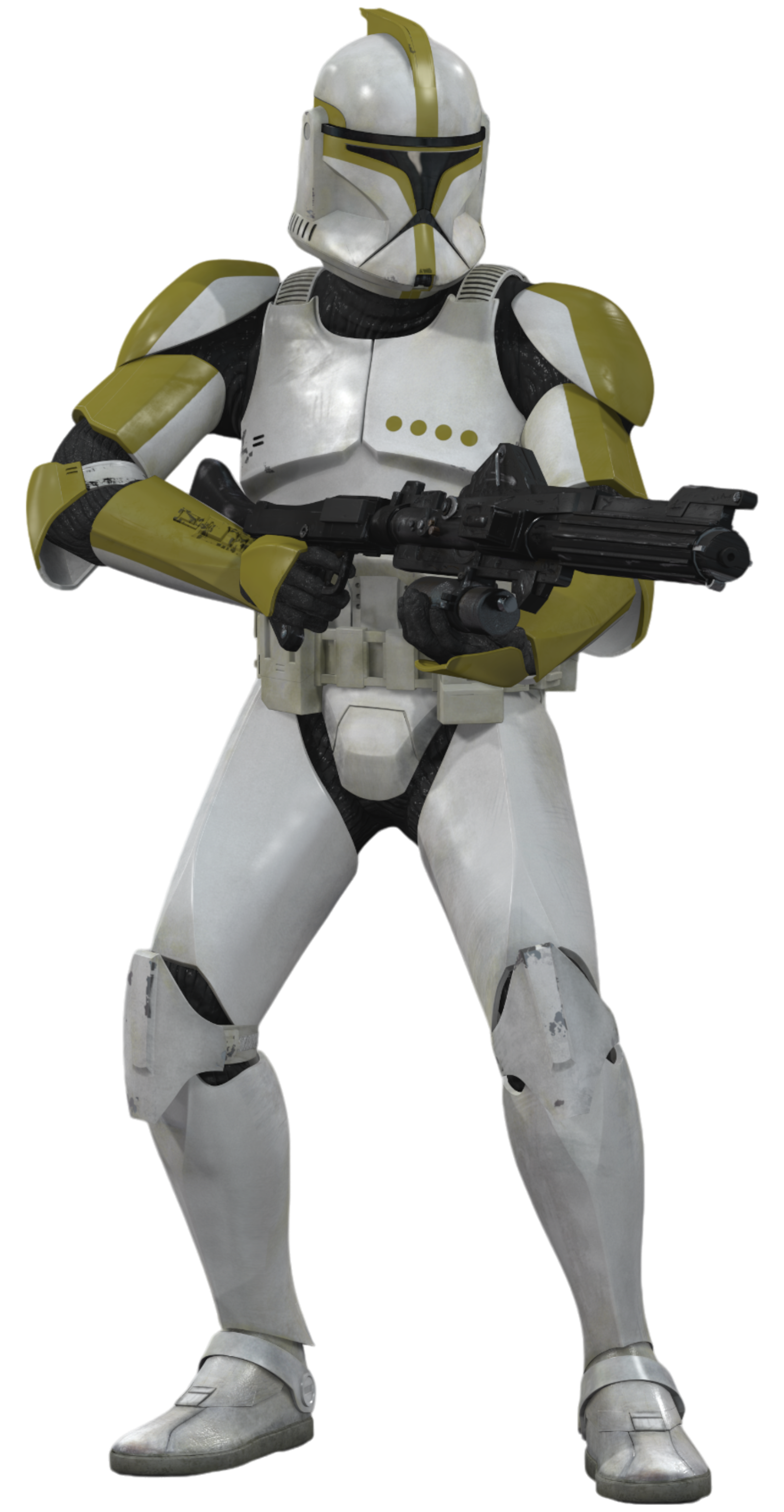 A clone trooper sergeant from the Star Wars universe, wearing white and yellow armor and holding a blaster rifle.
