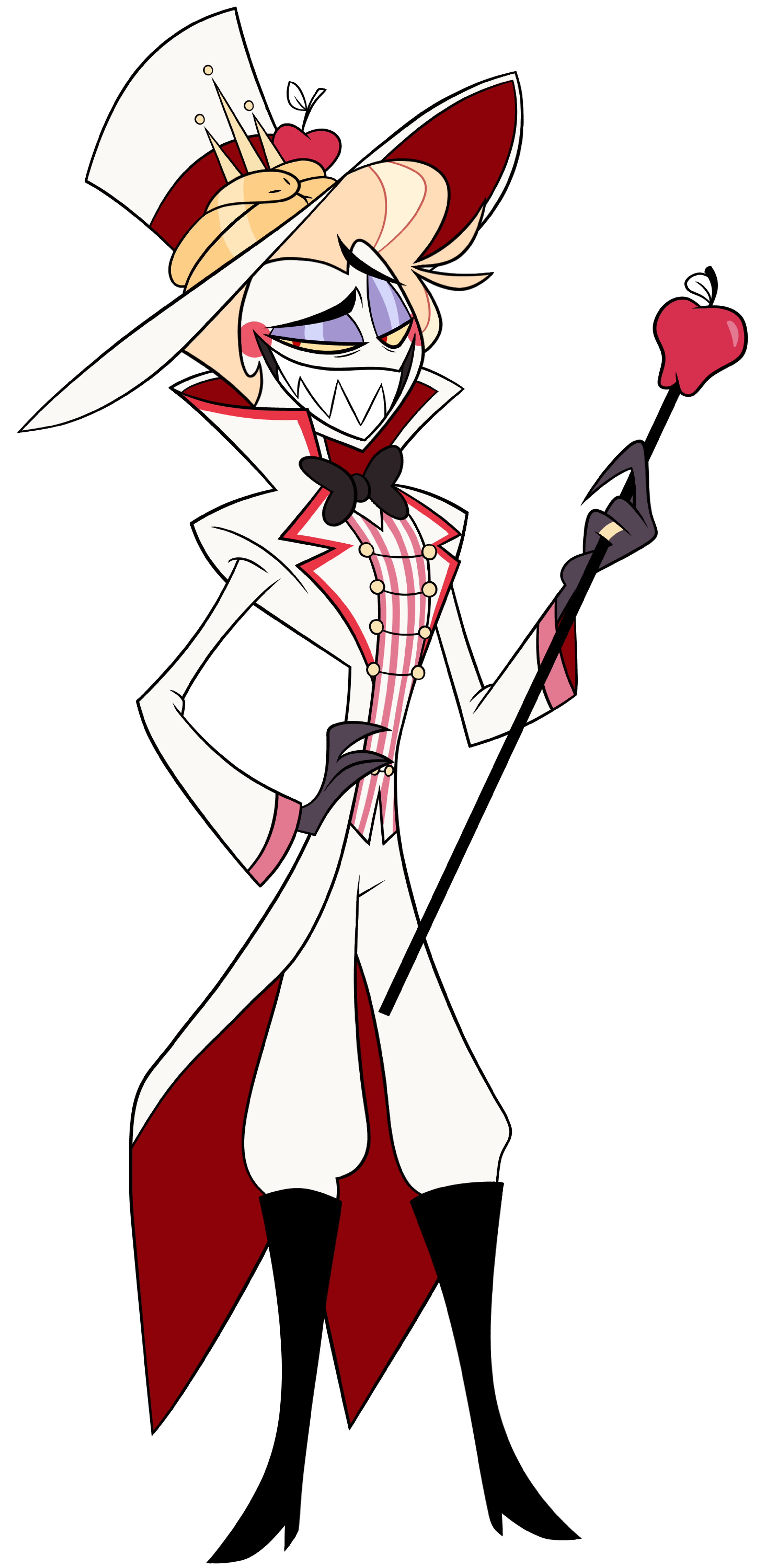 A cartoon character with a demonic, theatrical appearance wearing a white suit and cape