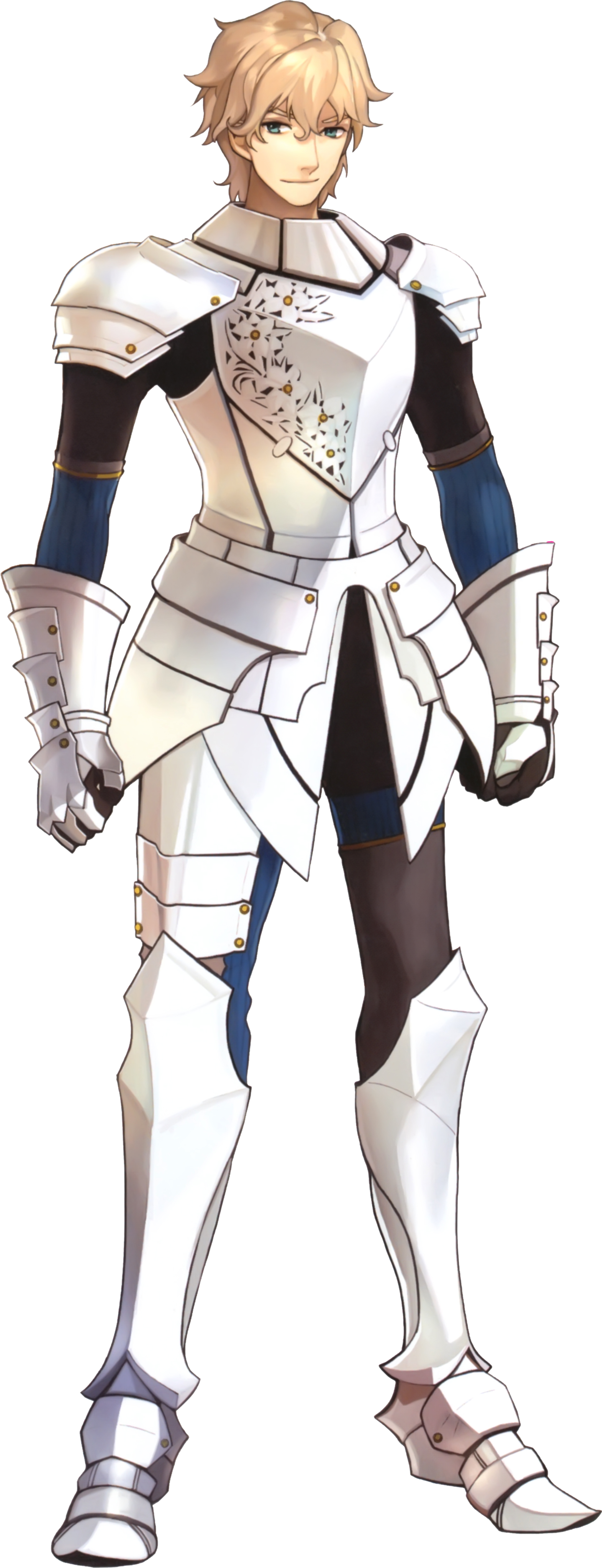 A knight in white and blue armor with blond hair and aqua eyes