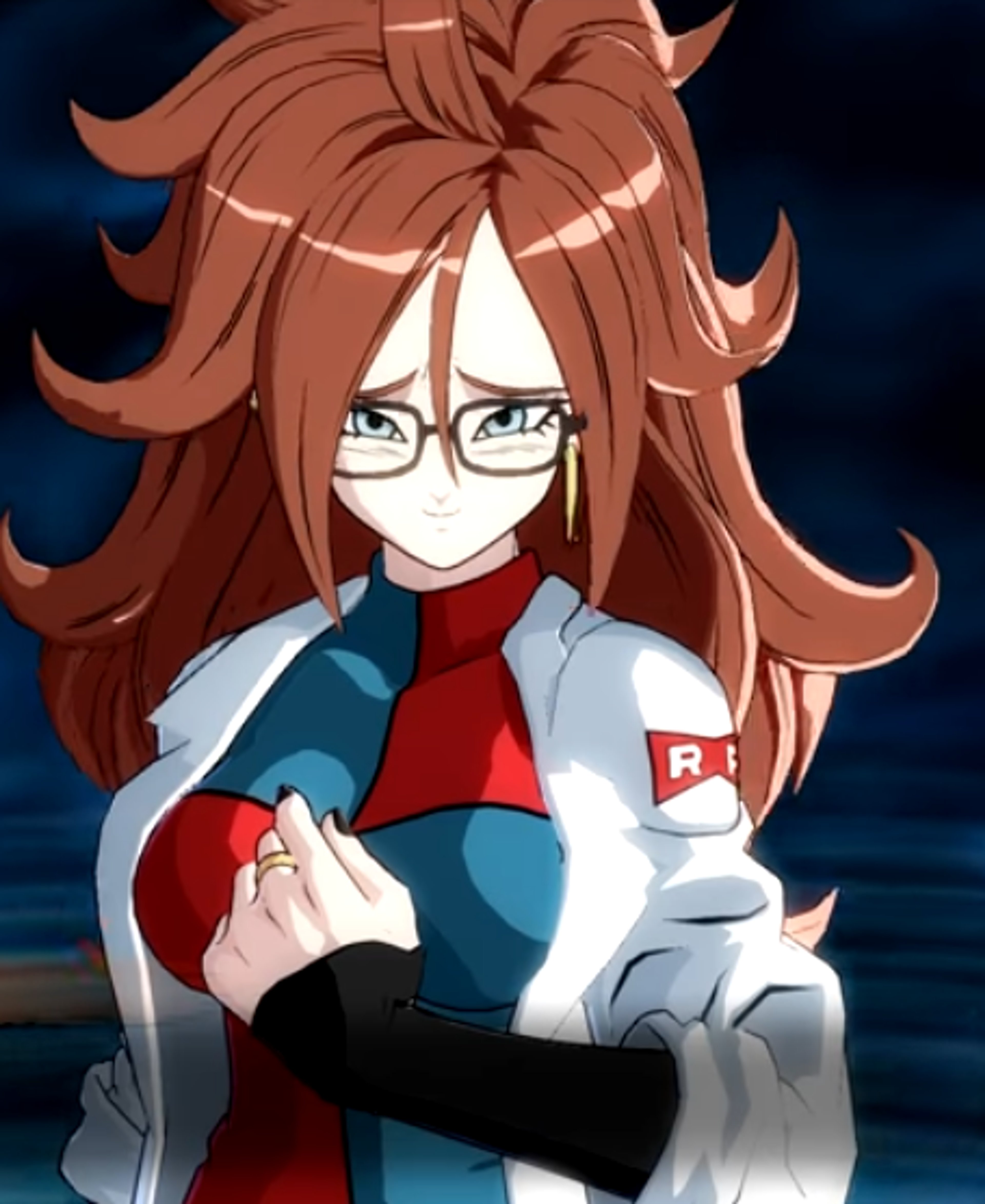An anime-style character with long, reddish-brown hair and glasses, wearing a white lab coat and red tie.