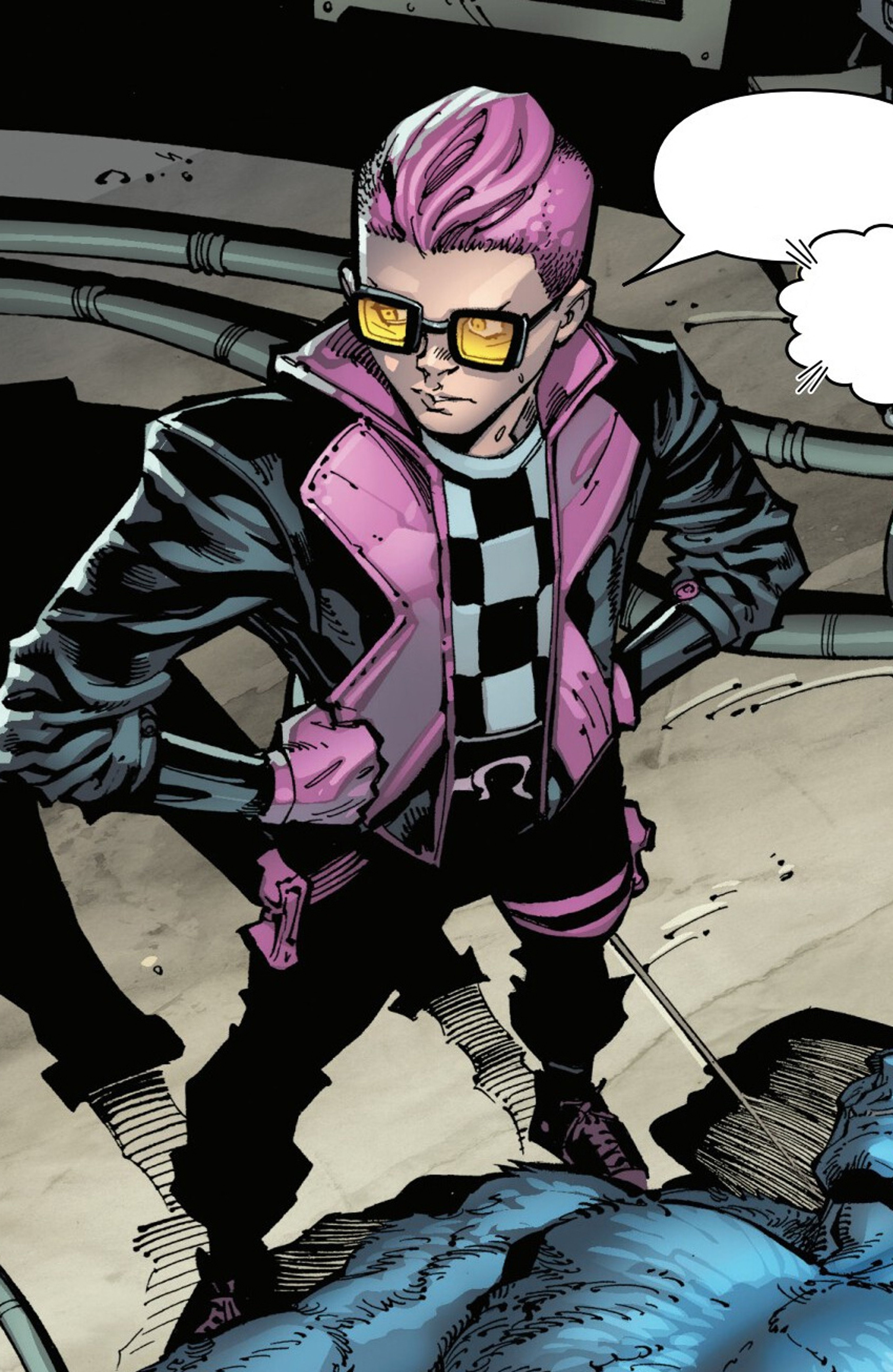 A young man with pink hair wearing a black jacket and striped shirt, with a rebellious expression.
