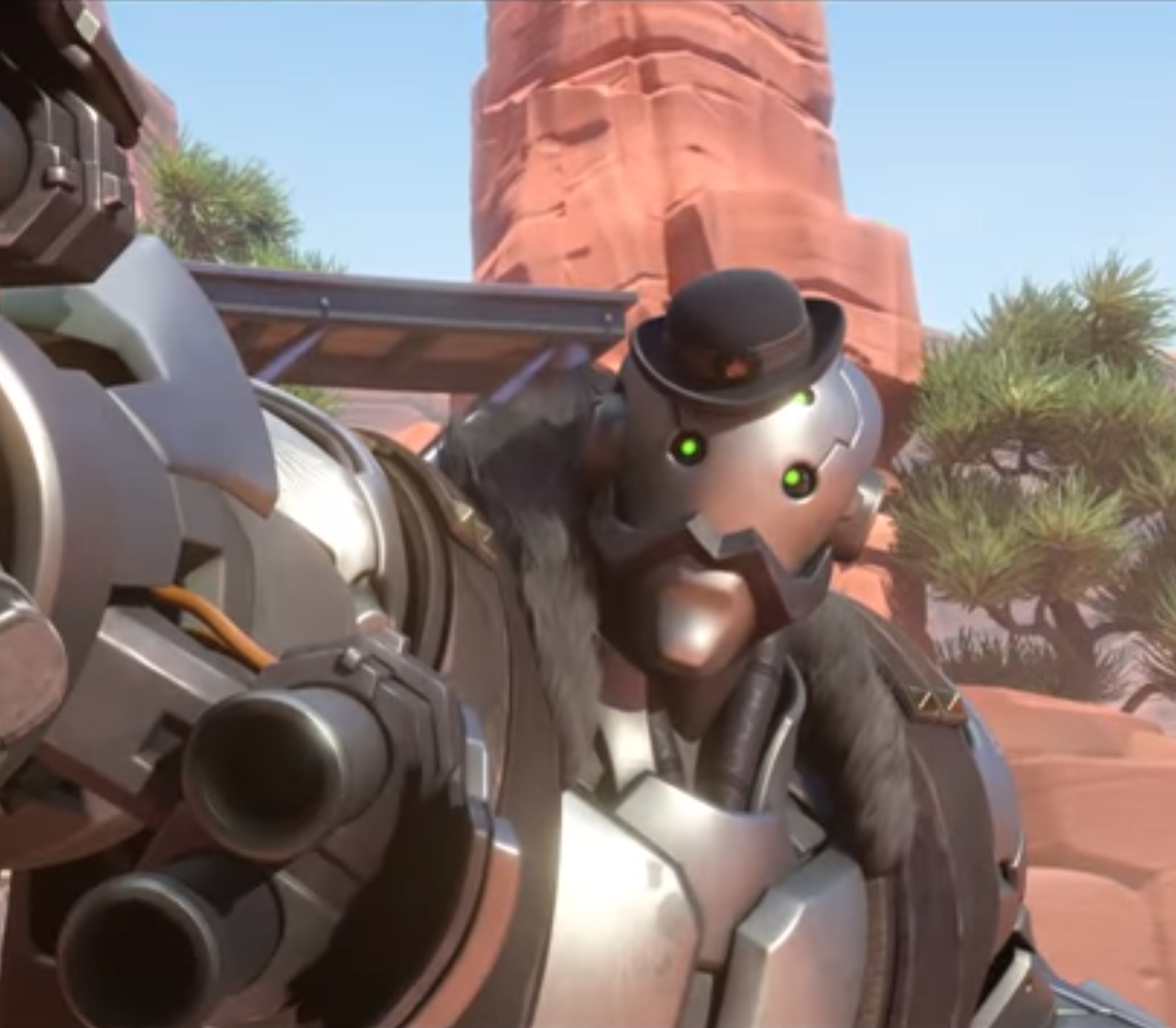 An omnic robot character named B.O.B. with a large cannon-like arm and a friendly, expressive face.