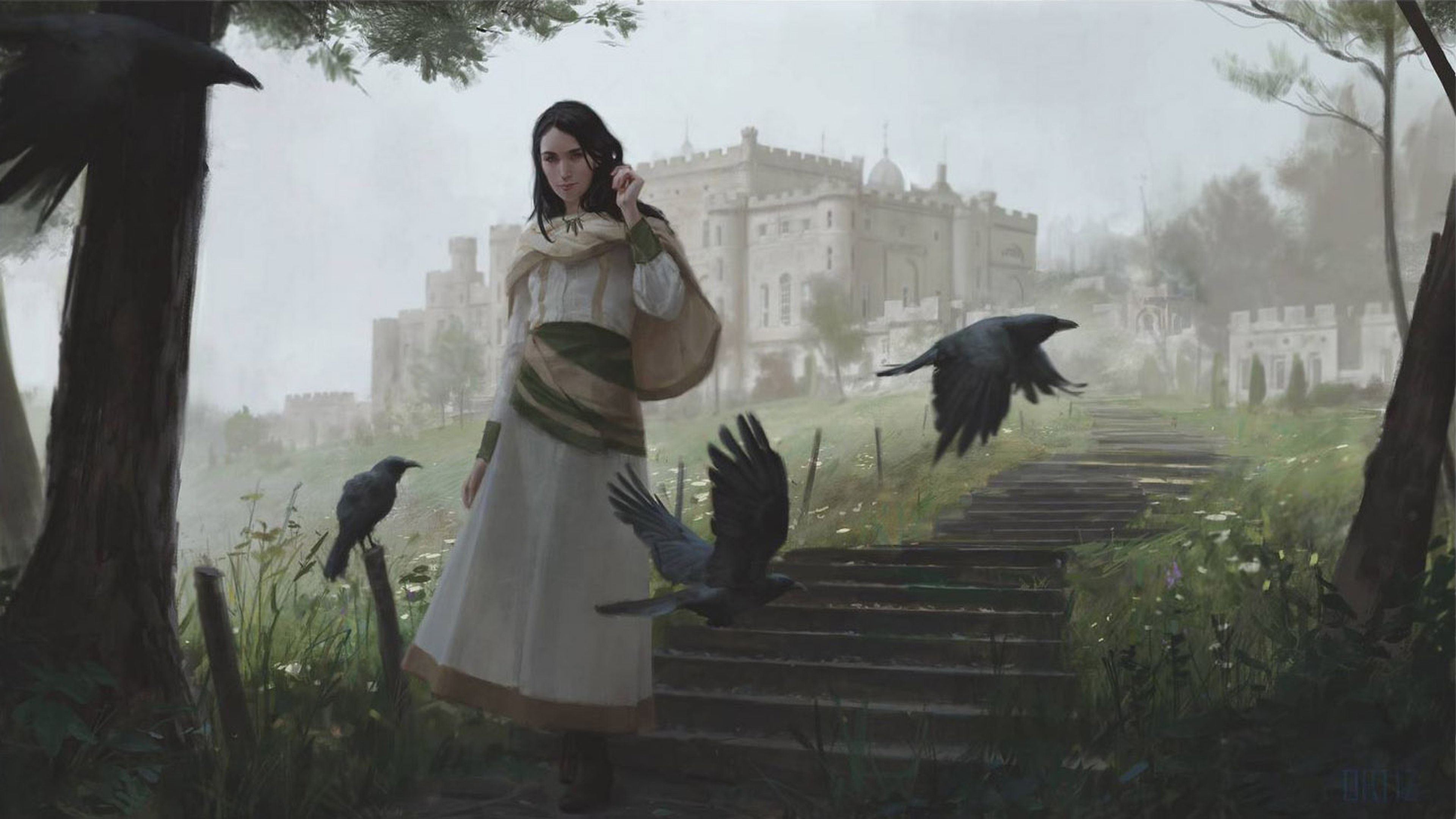 A woman with long black hair and violet eyes standing on stone stairs with a castle in the background and dark birds flying around her.