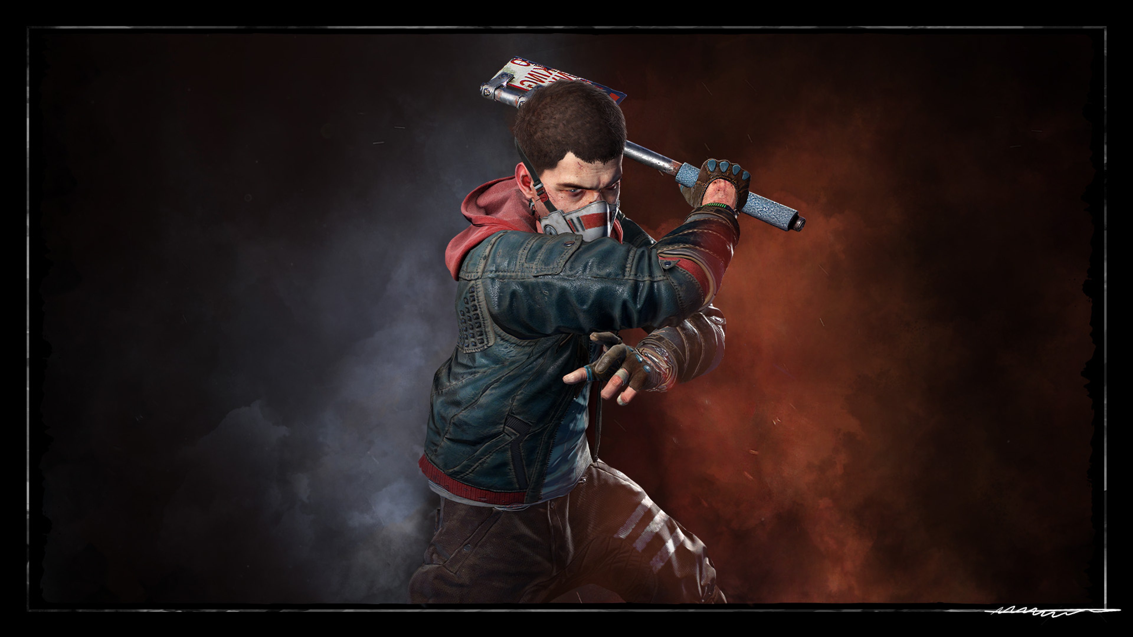 A man in a post-apocalyptic setting, holding a weapon and ready to fight.