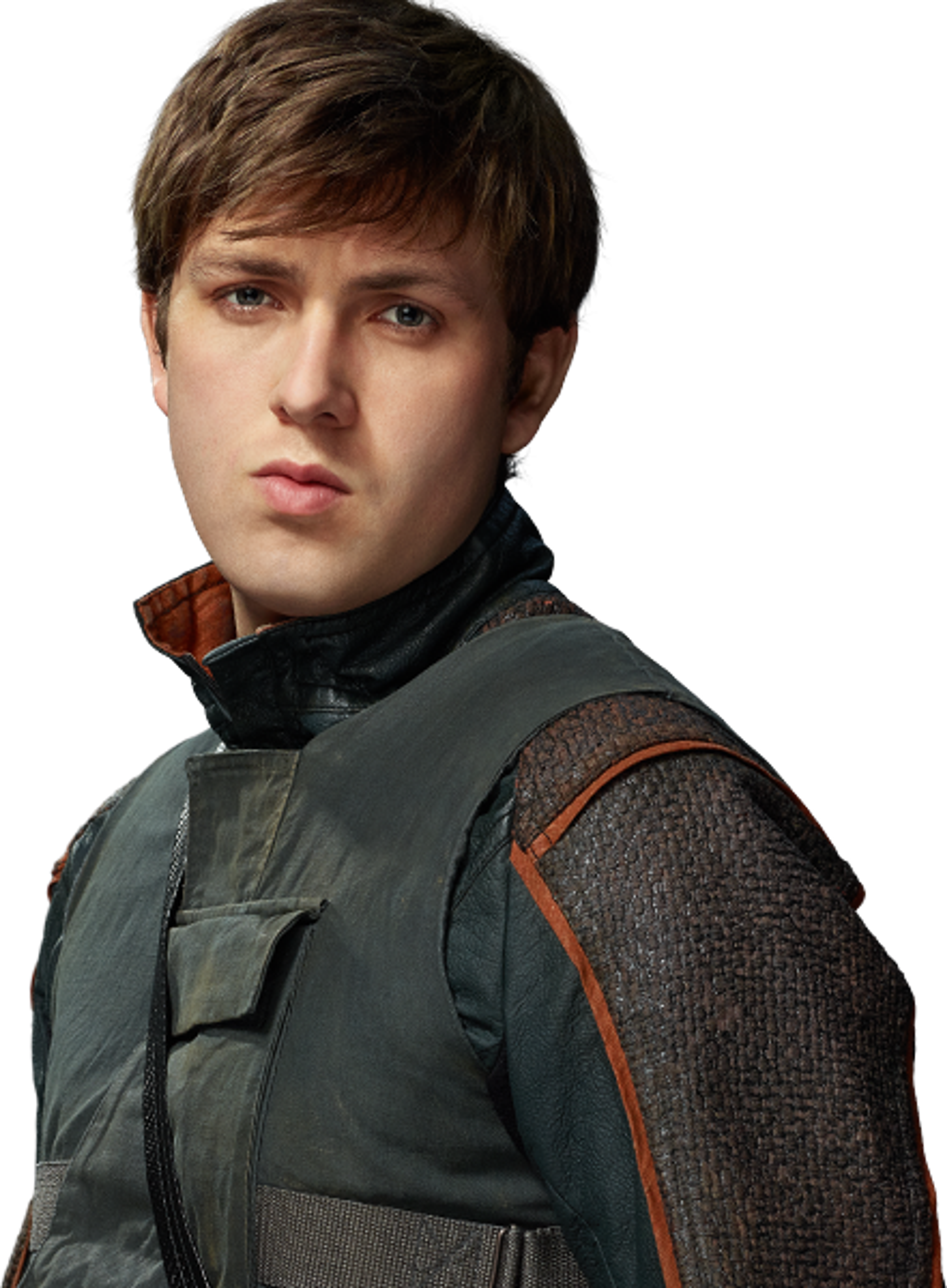 A young man with short brown hair wearing a gray jacket with orange accents, looking serious and determined.