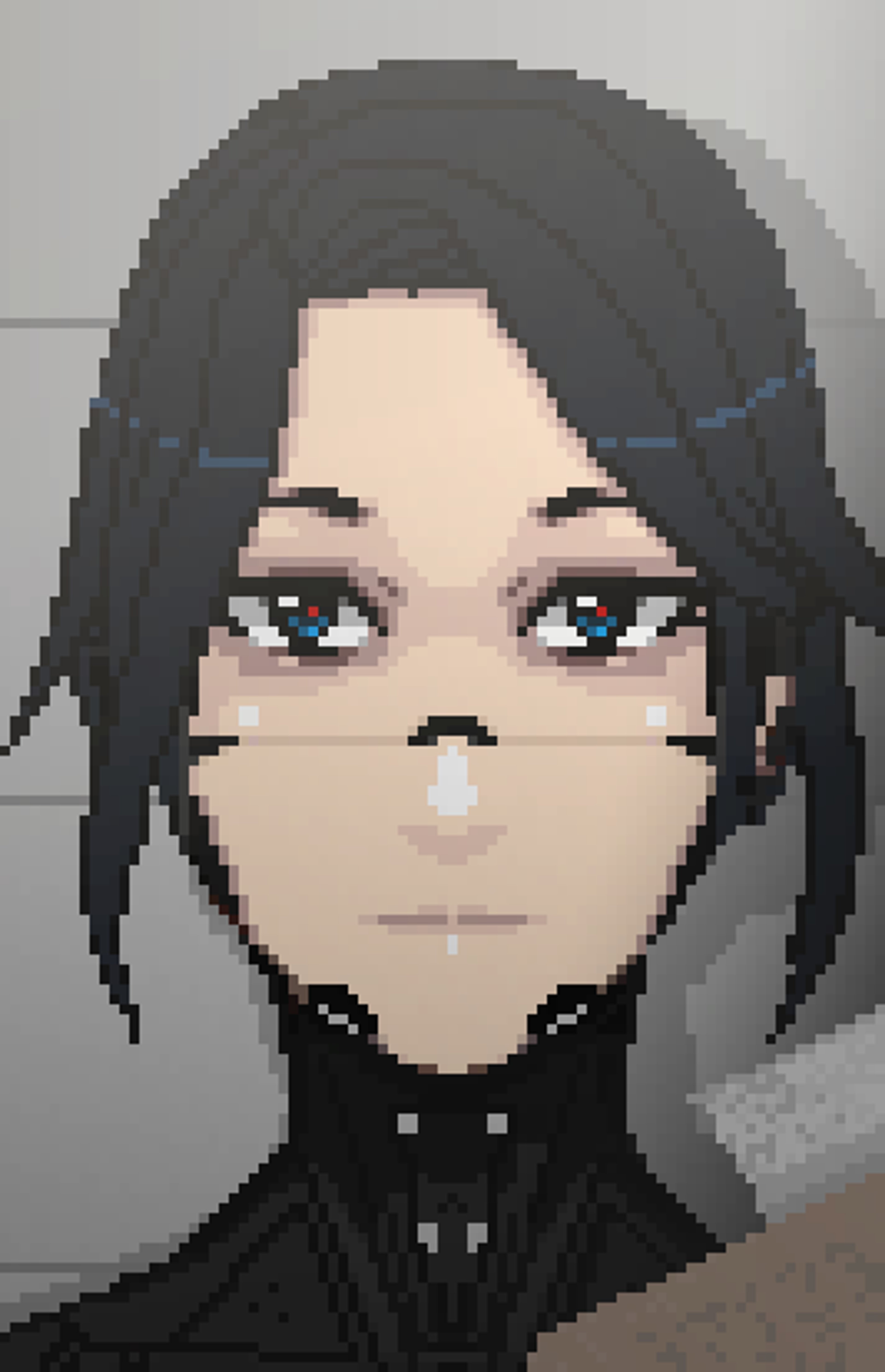 A detailed pixel art portrait of a female-presenting robotic character with long dark hair, pale skin, and blue eyes.