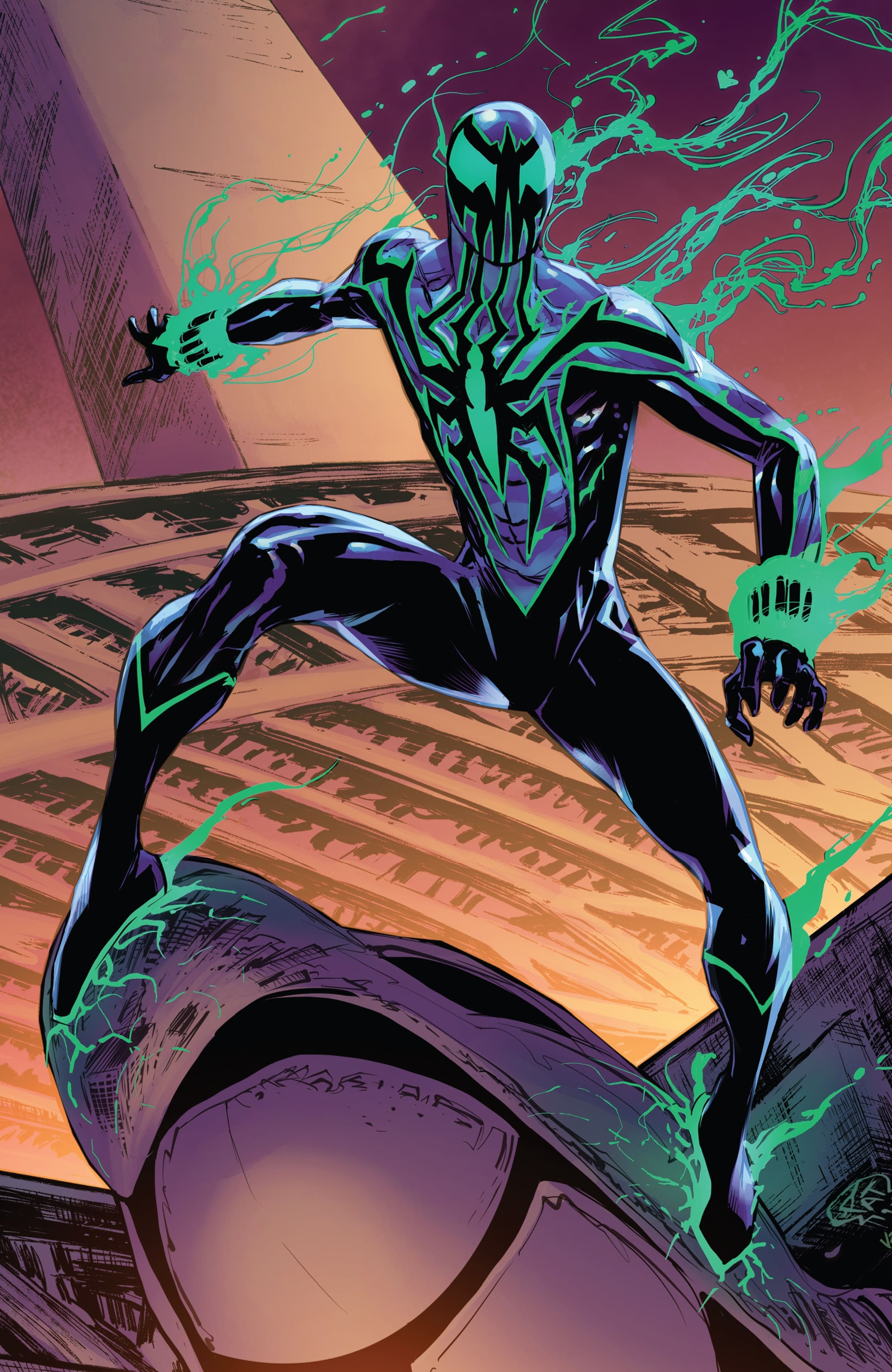 A detailed illustration of a superhero character in a black and green costume, posed in an action-oriented stance.