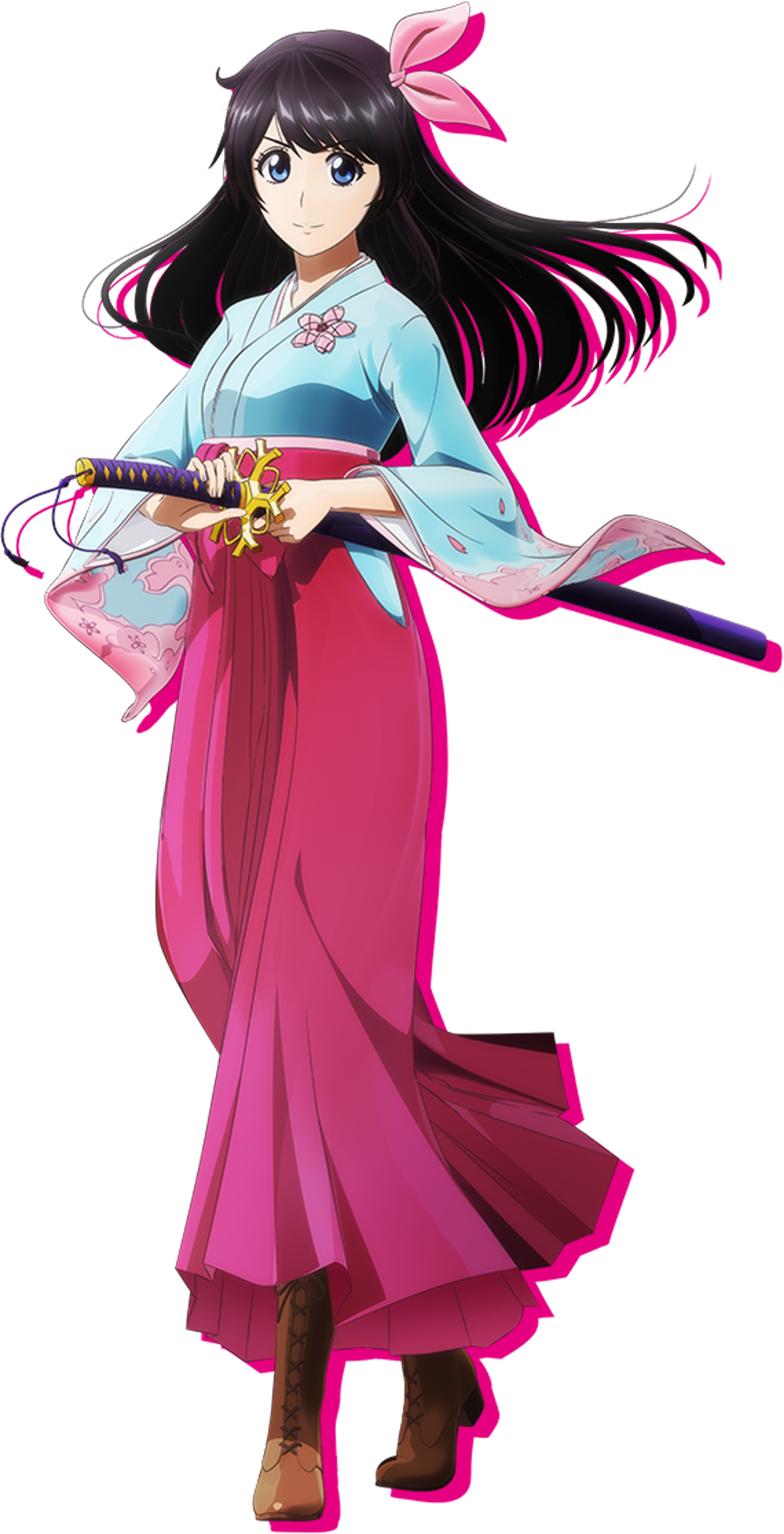 A young woman in a traditional Japanese-style outfit holding a sword