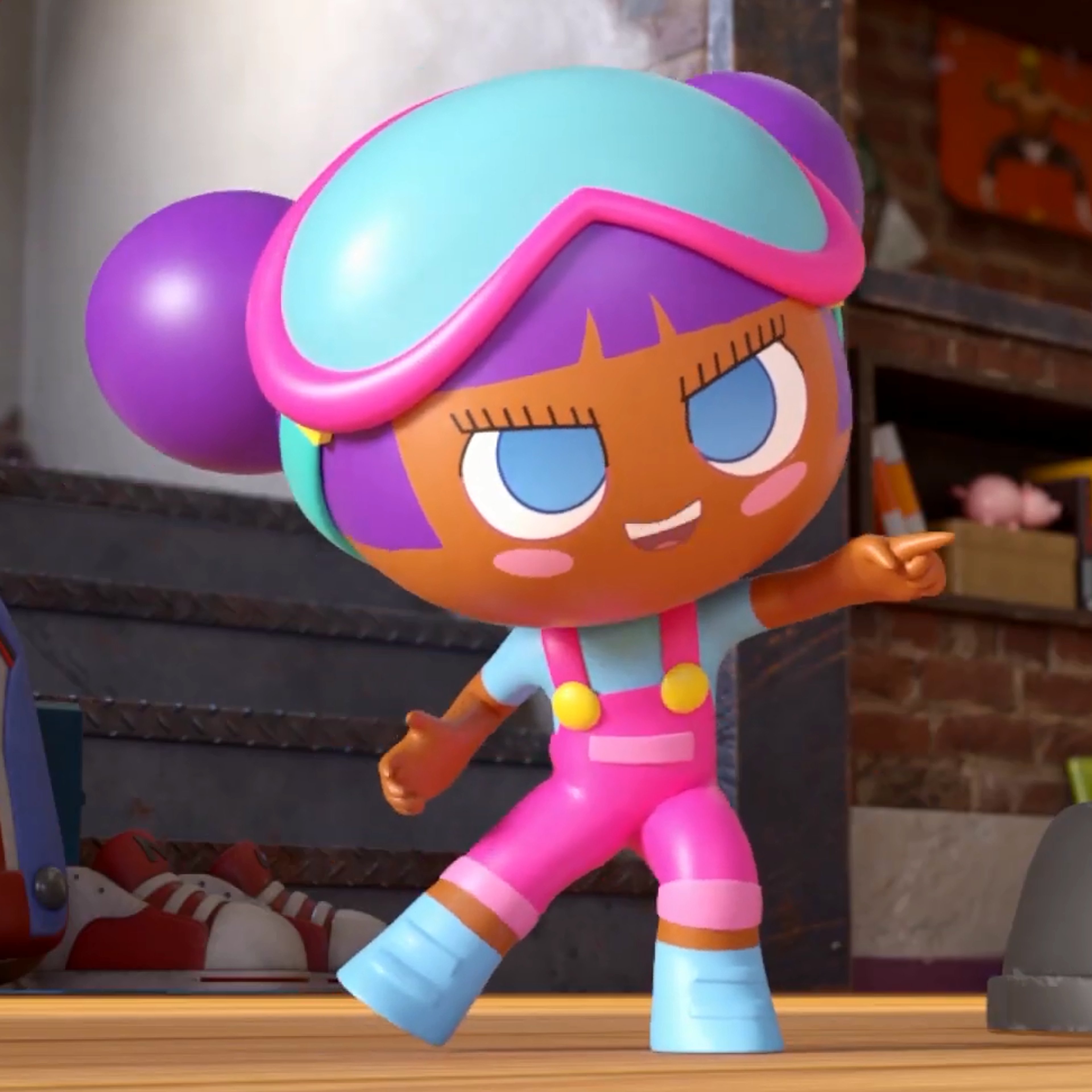 A cartoon character of a young girl with purple hair, brown skin, and a mecha-suit with clay cannons.