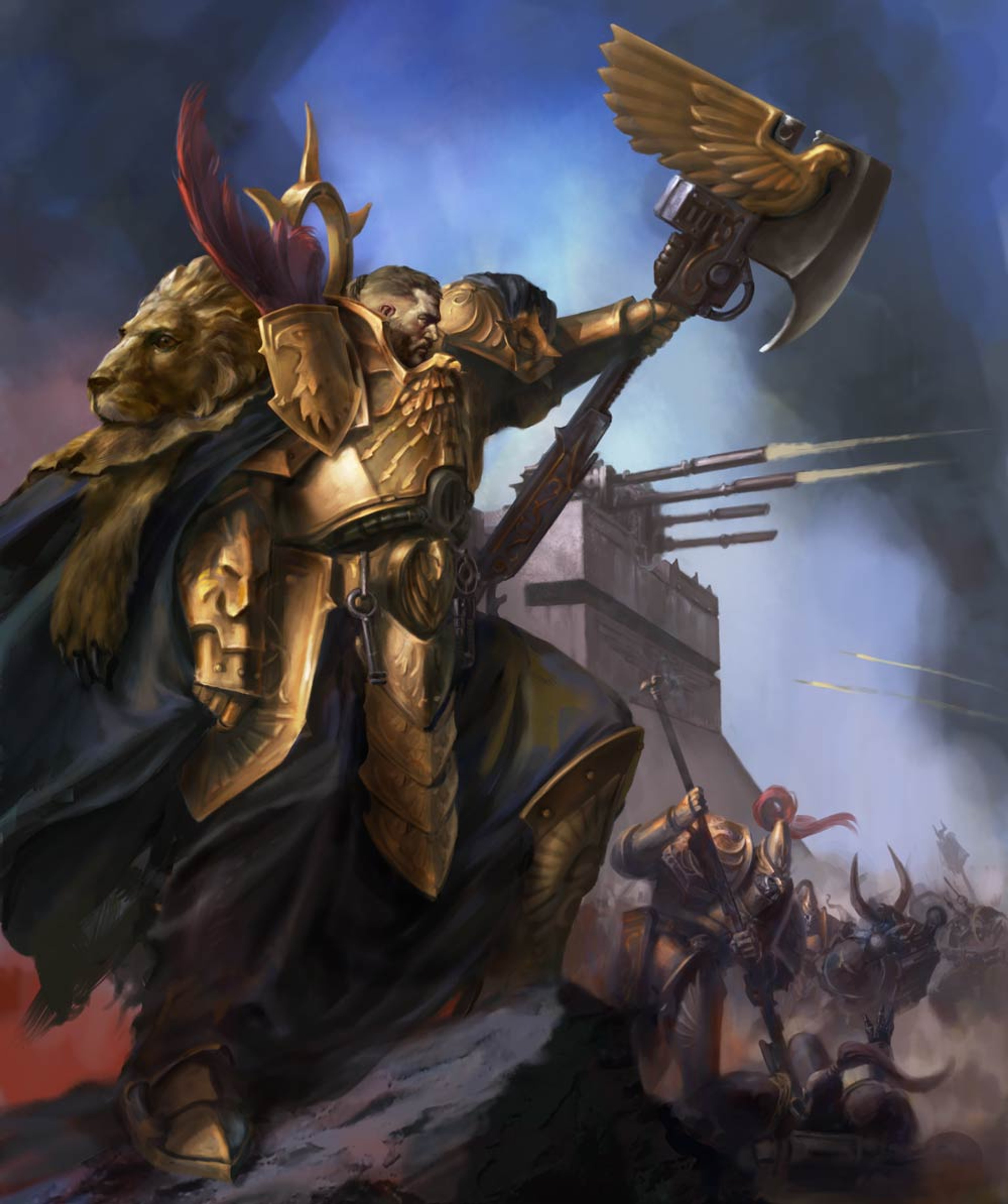 A heavily armored warrior in golden armor leading a charge into battle