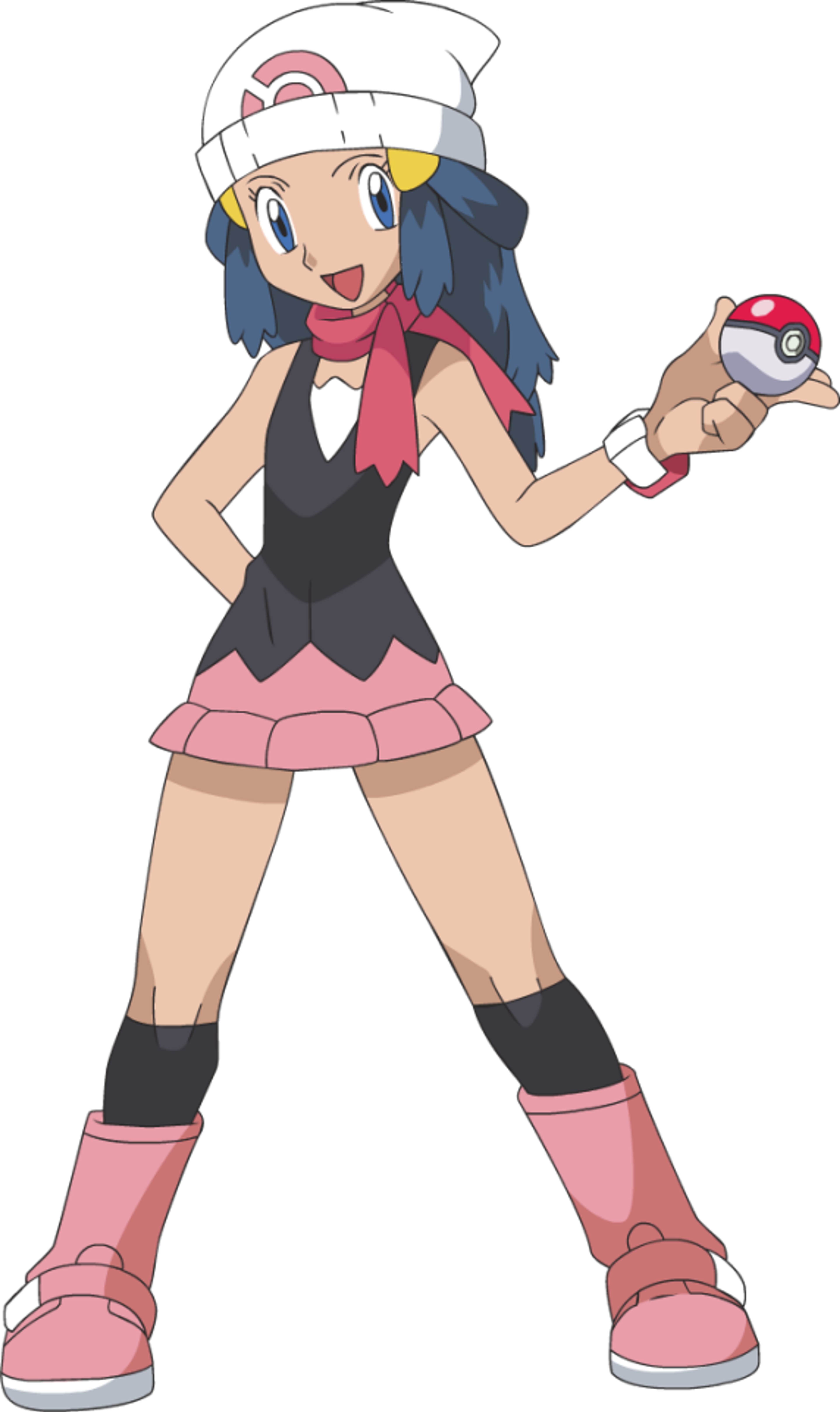 An anime-style character with blue hair, wearing a pink dress, black stockings, and pink boots, holding a Pokeball.