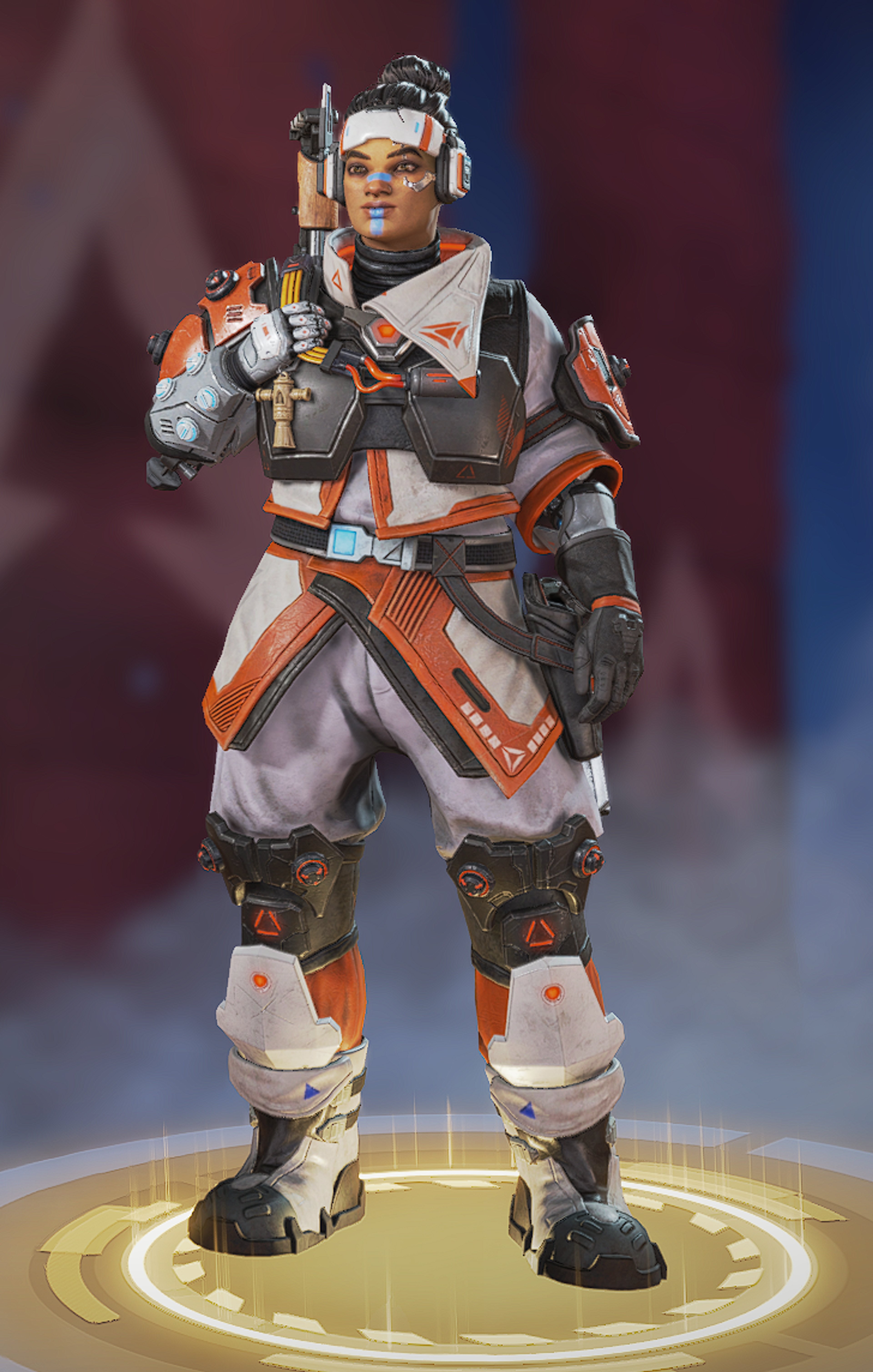 A young woman in a futuristic, high-tech survivalist outfit holding a large sniper rifle.