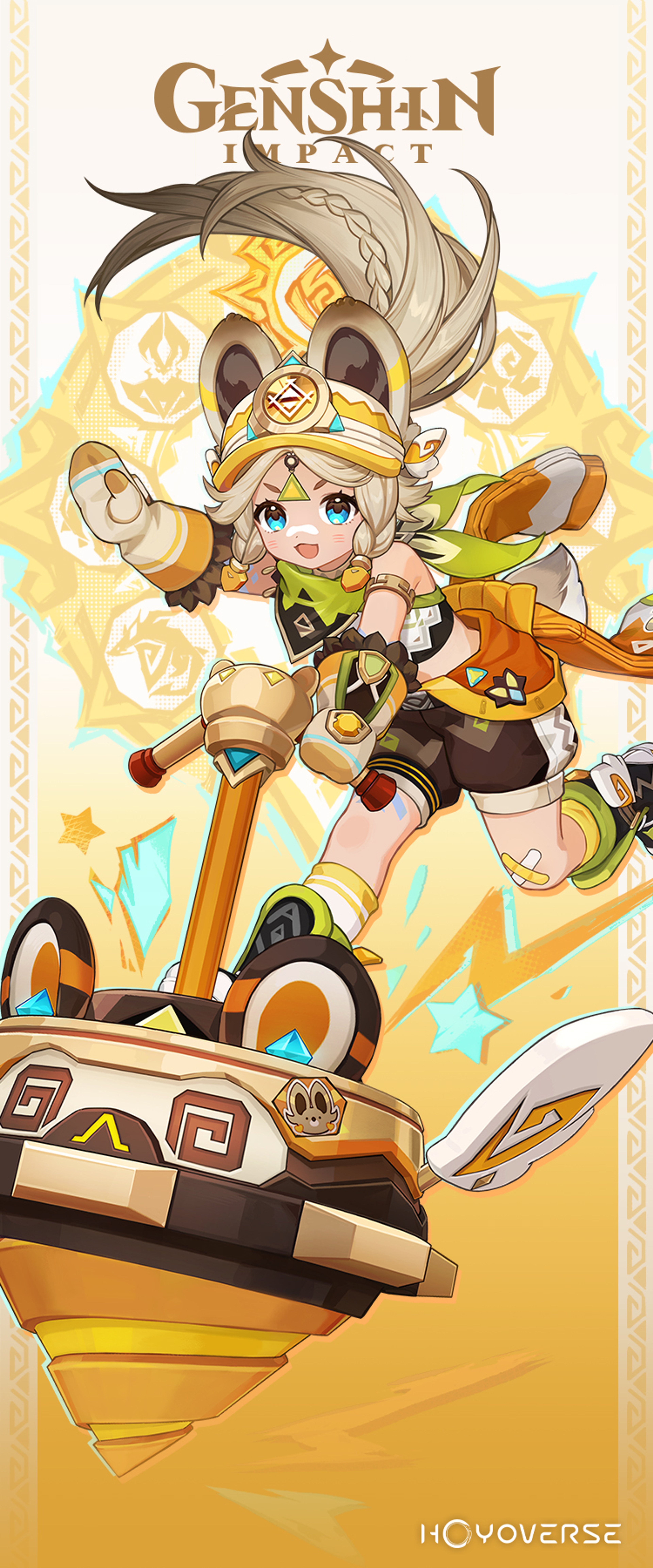 A young, anime-style female character from the Genshin Impact universe, wielding a polearm weapon and wearing a distinctive technological-themed outfit.