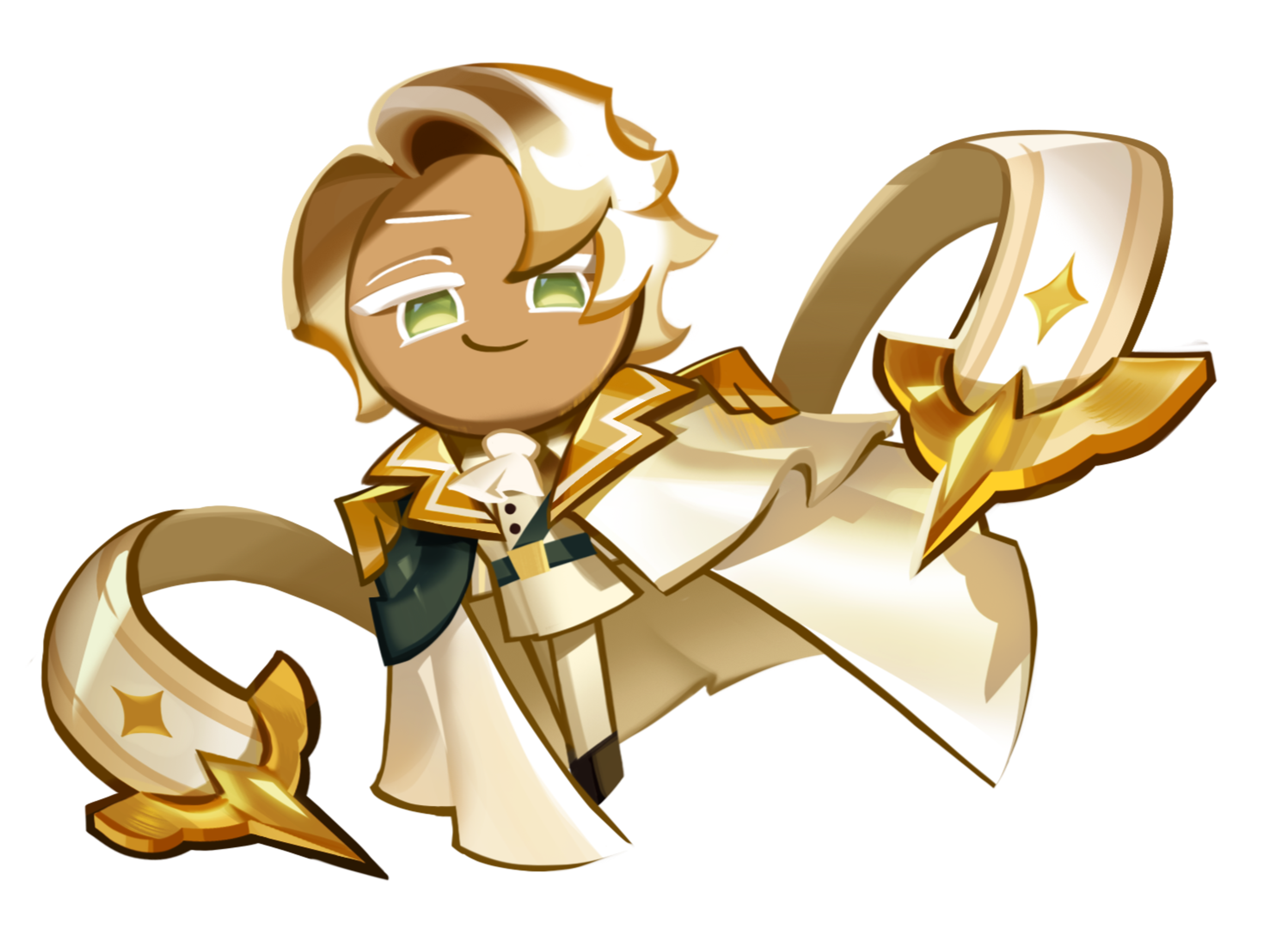 A well-dressed, slim cookie character with a calculating and confident expression