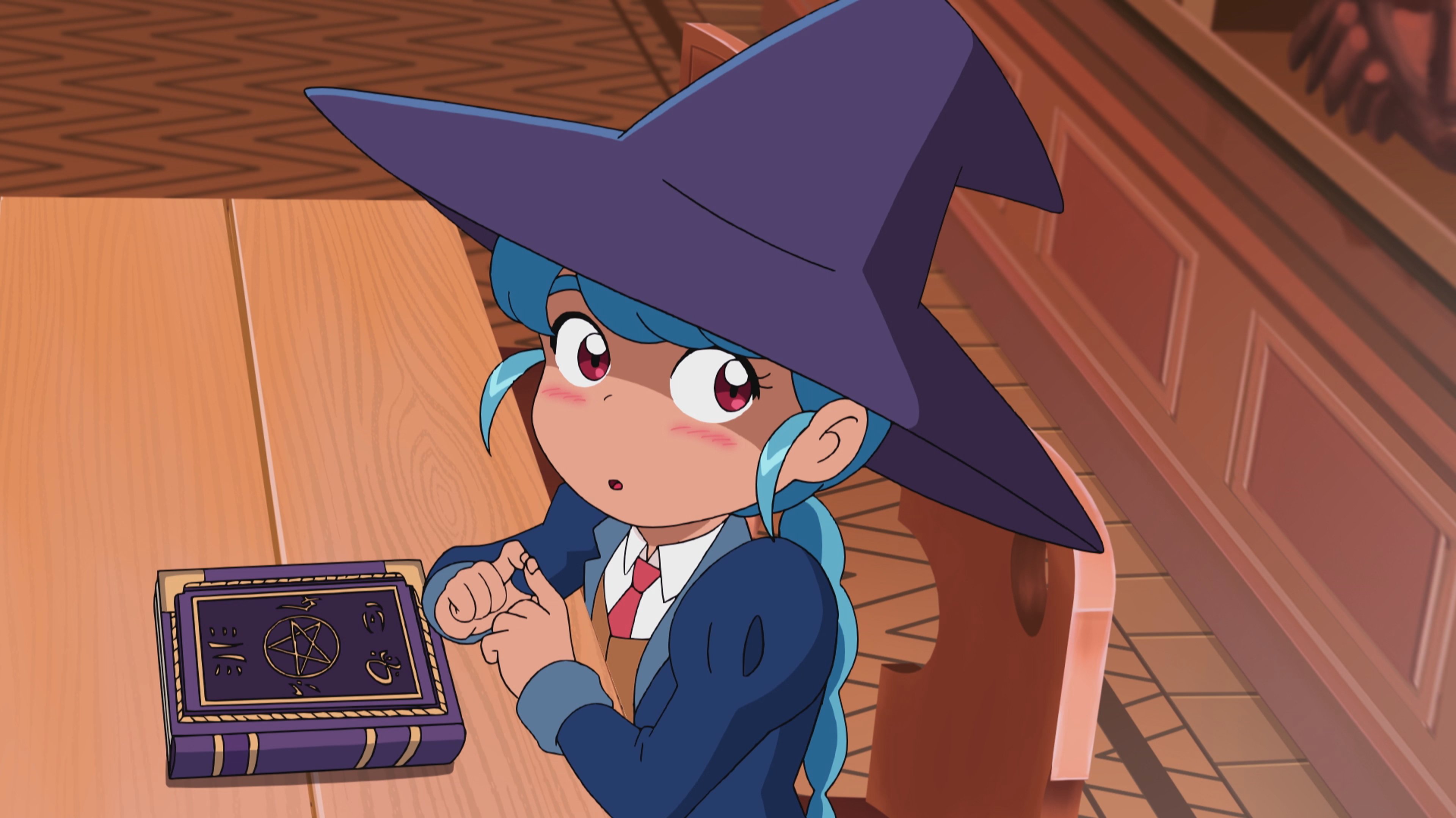 An animated character with a shy, anxious expression wearing a blue hat and suit jacket.