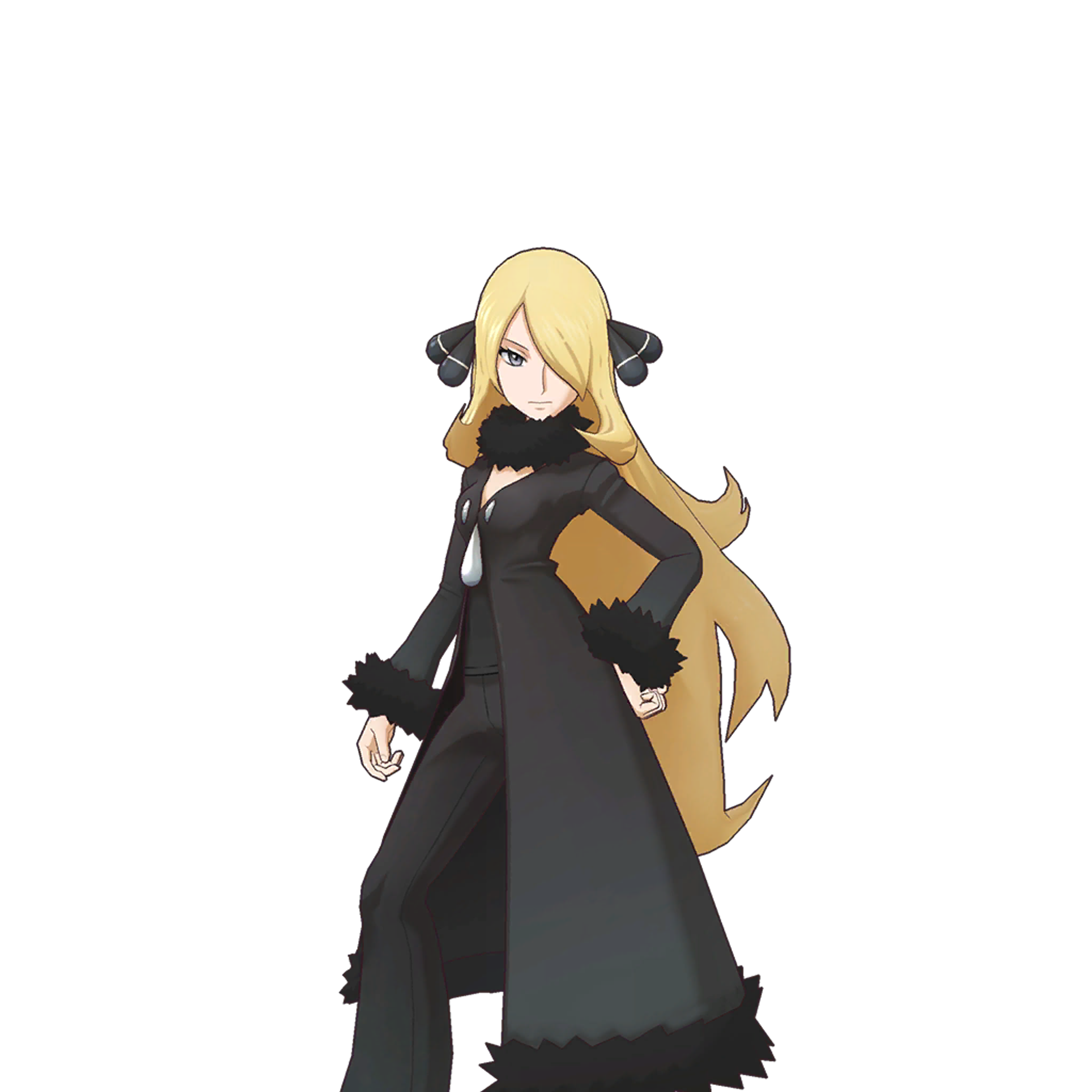 A female character with long blonde hair and gray eyes wearing a black dress with a slit up the side.