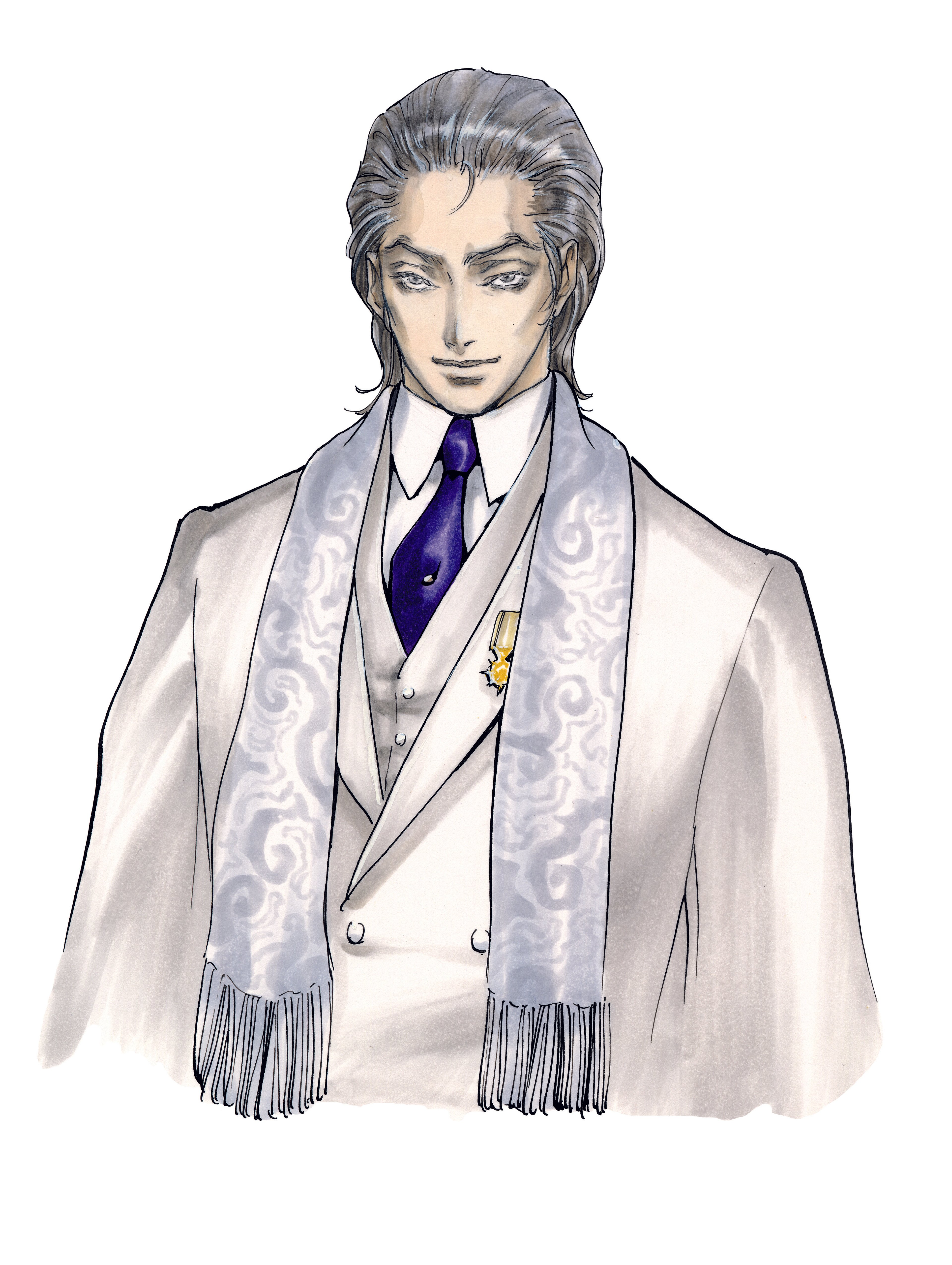 A man with long, silver-gray hair wearing a white suit and purple scarf