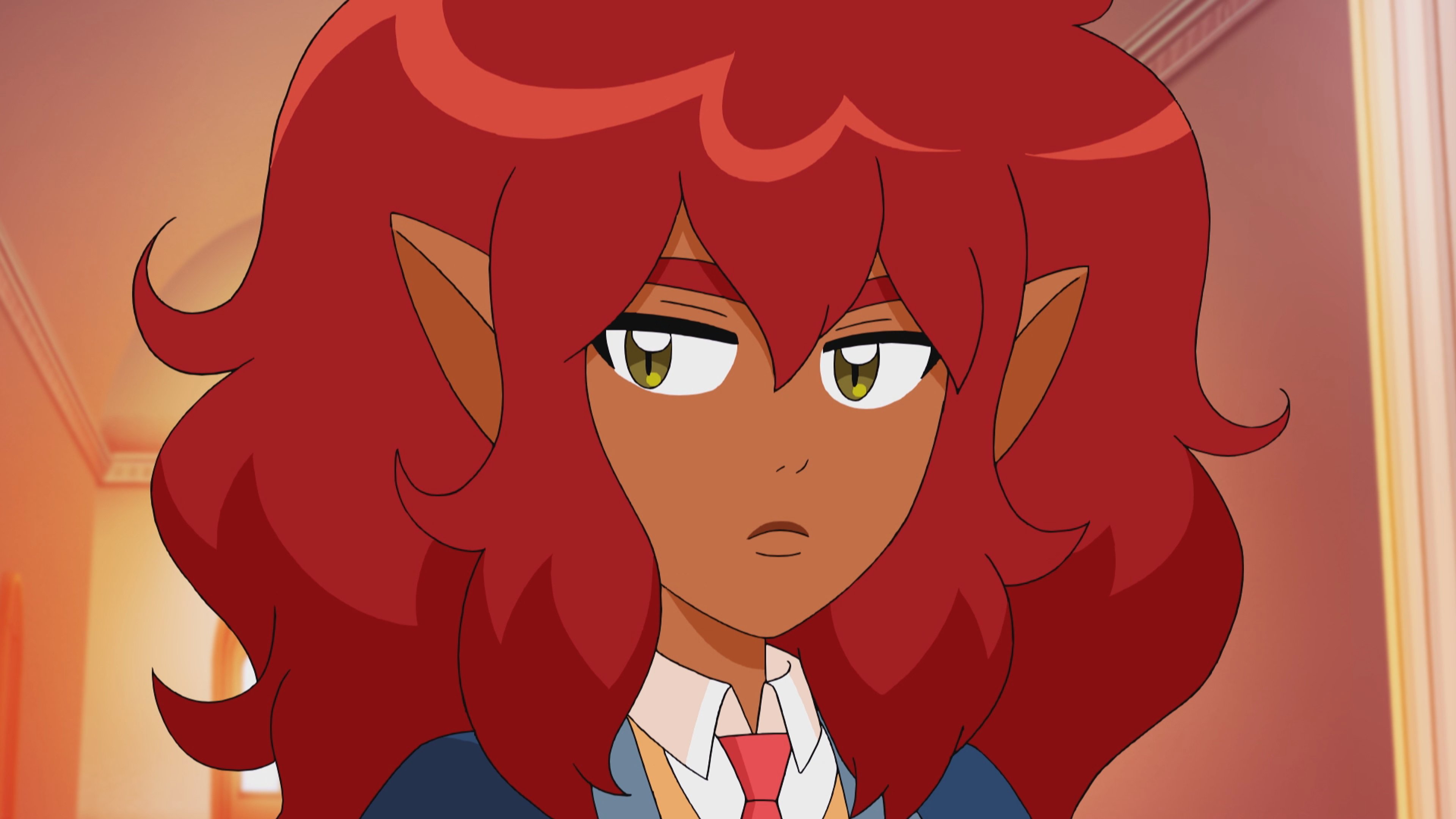 A young woman with red hair and a stern expression, wearing a school uniform.