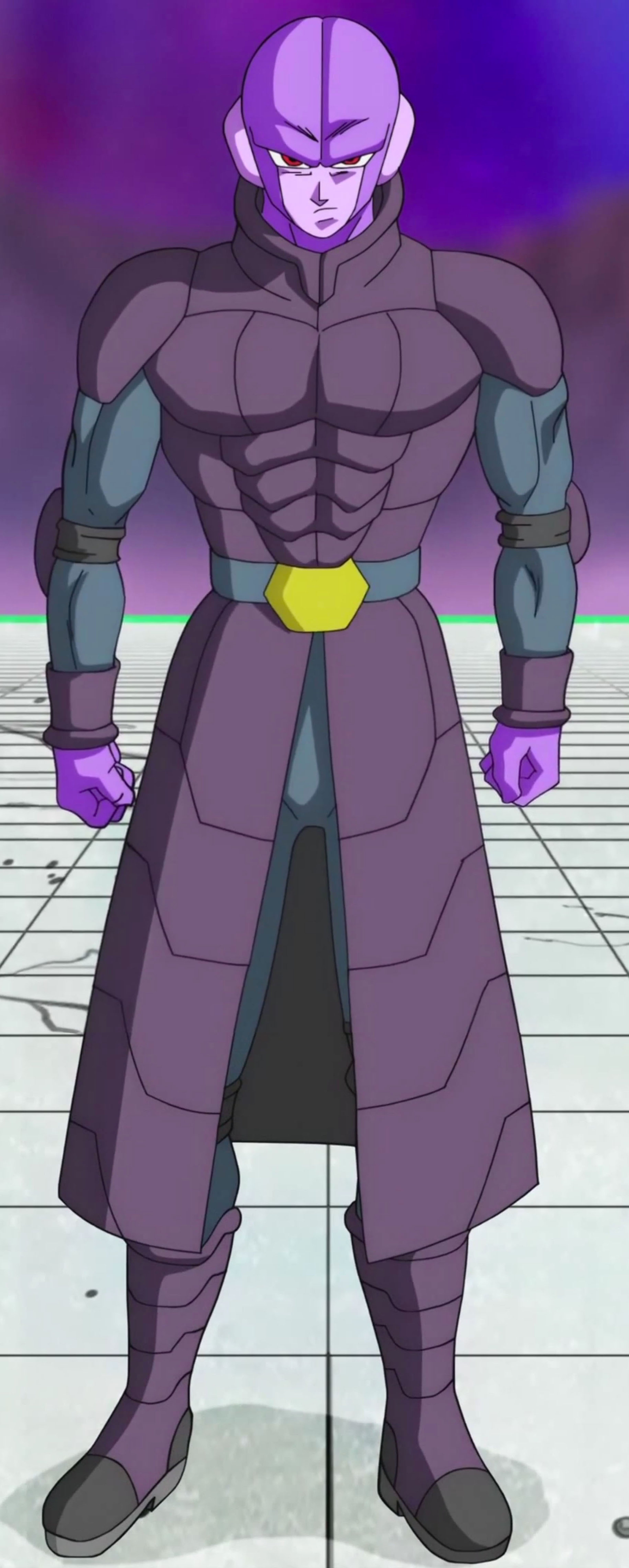 A powerful, stoic humanoid character with a bald, purple head and a gray and purple outfit.