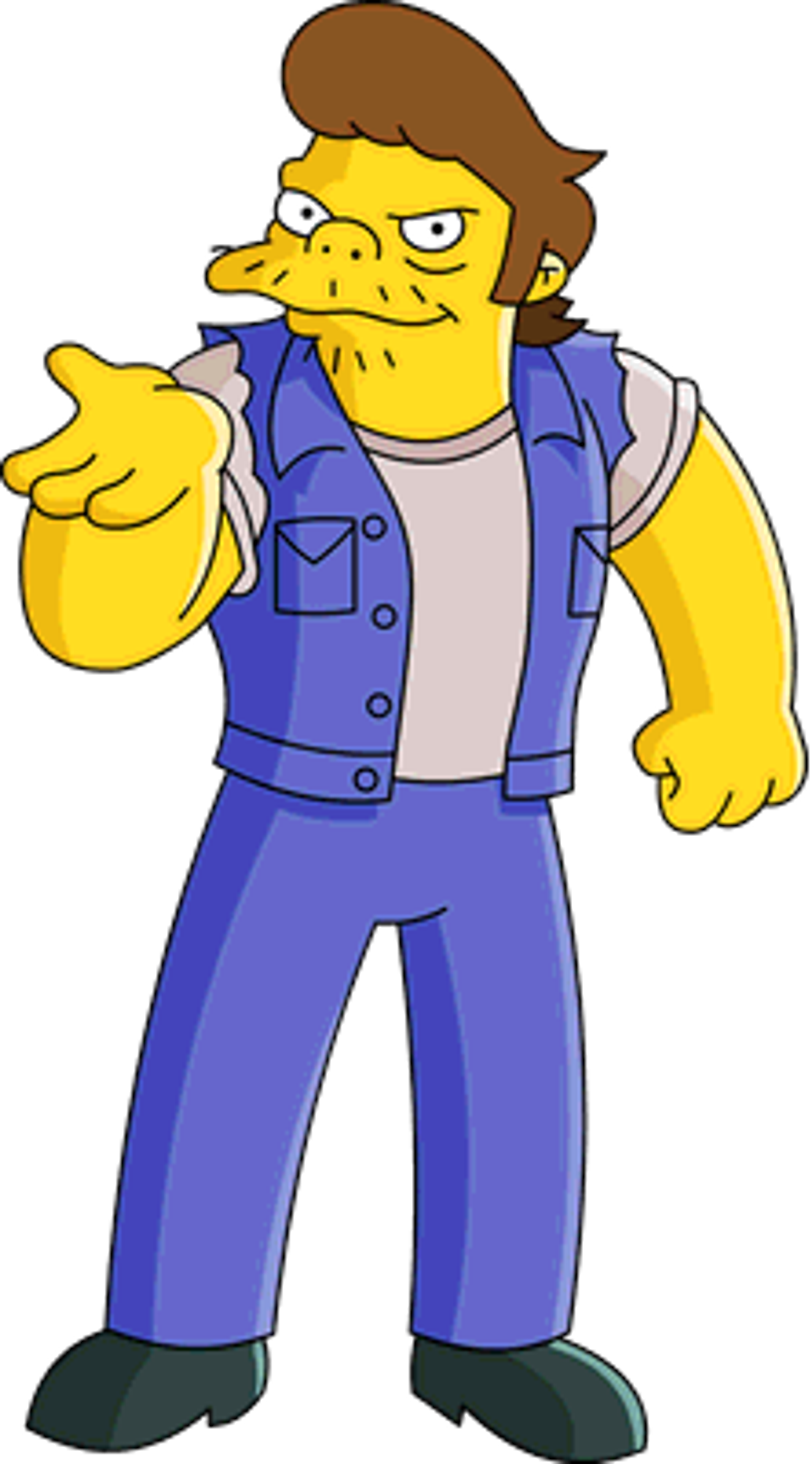 A cartoon character named Snake Jailbird, a middle-aged criminal with a muscular build, wearing a blue jumpsuit and a purple jacket.