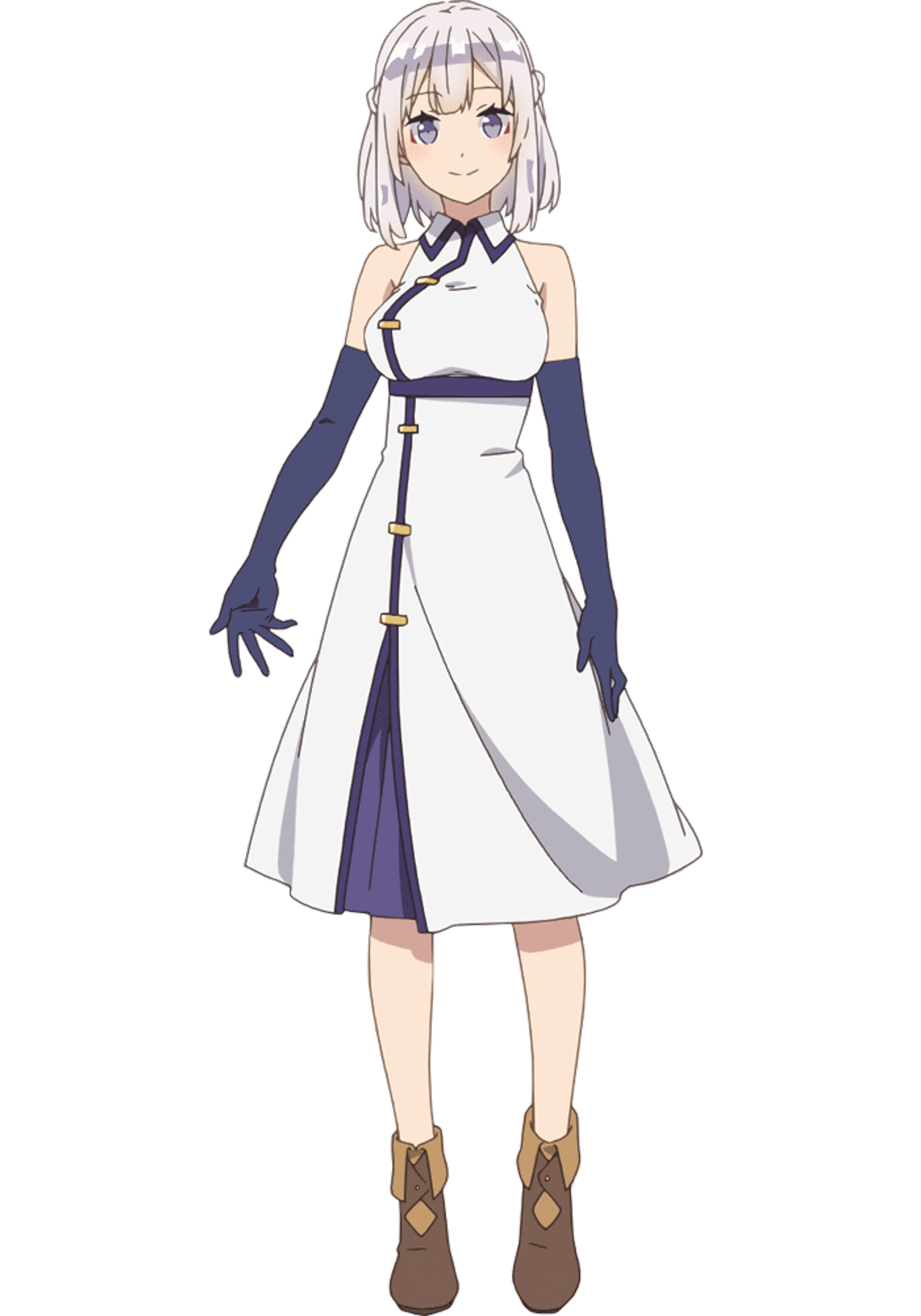 An anime-style character with long silver hair wearing a white dress and brown boots