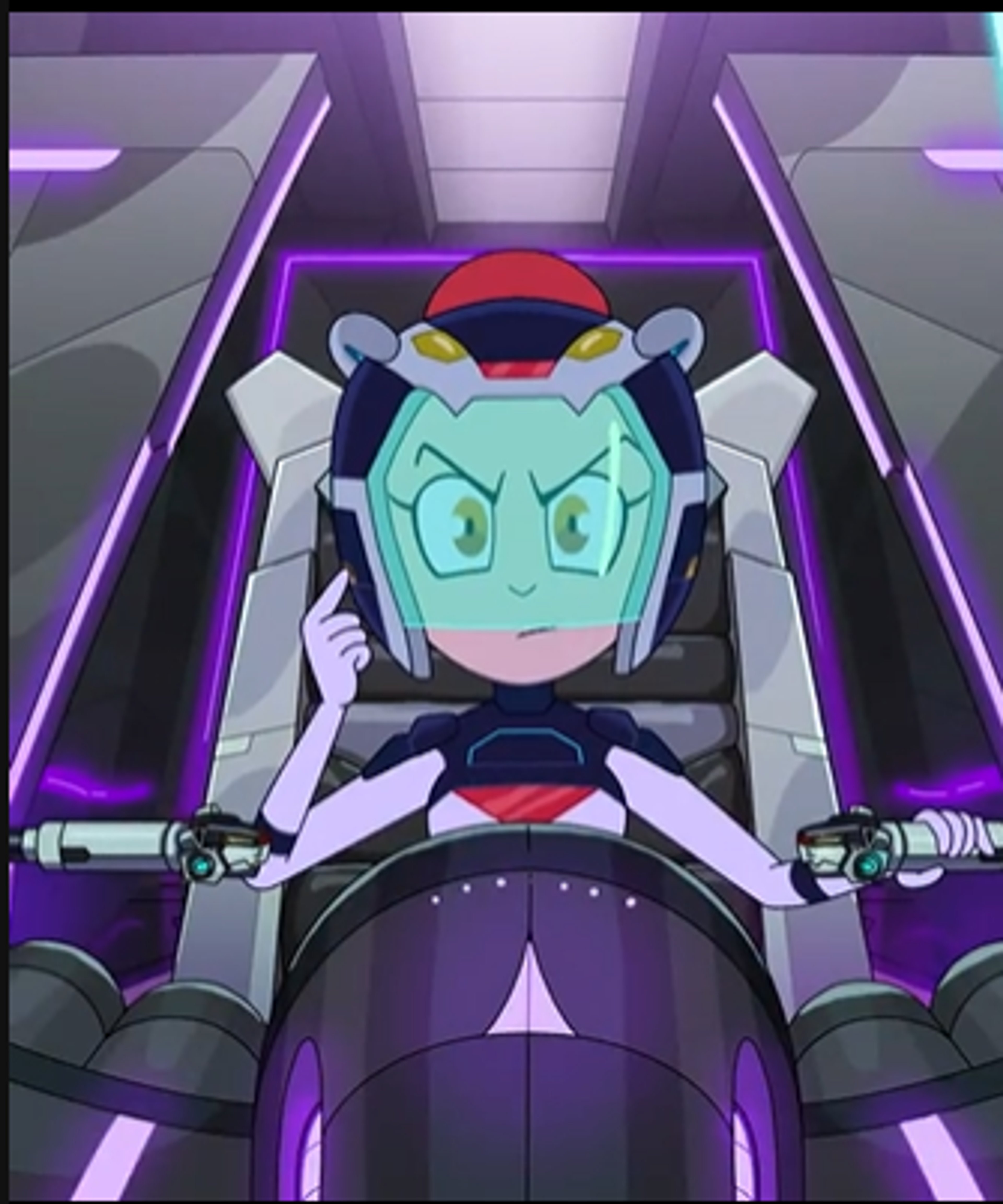 An anime-inspired female character named Kendra sitting in a futuristic mecha-like vehicle