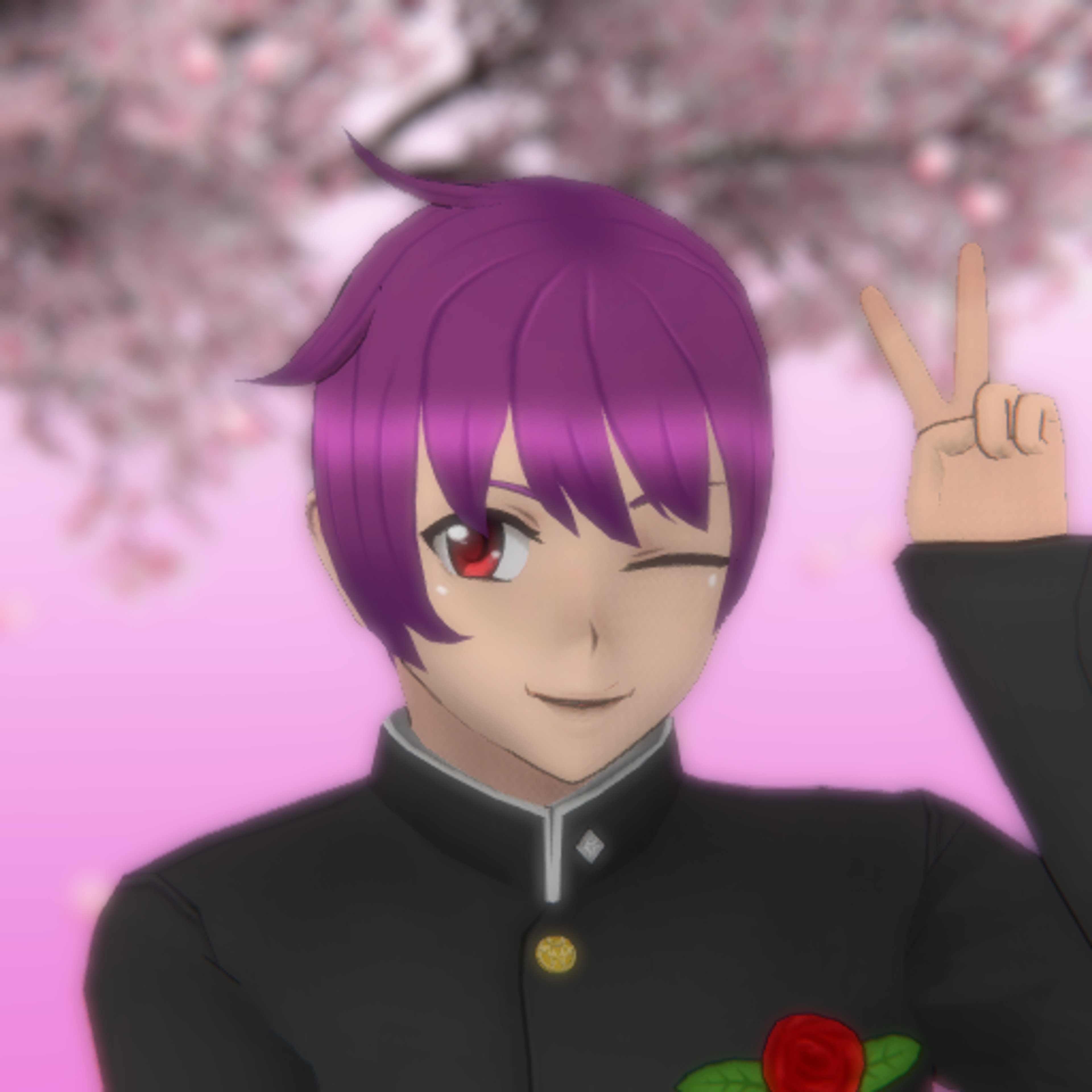 A young male character with purple hair and red eyes, wearing a black school uniform with a red armband.