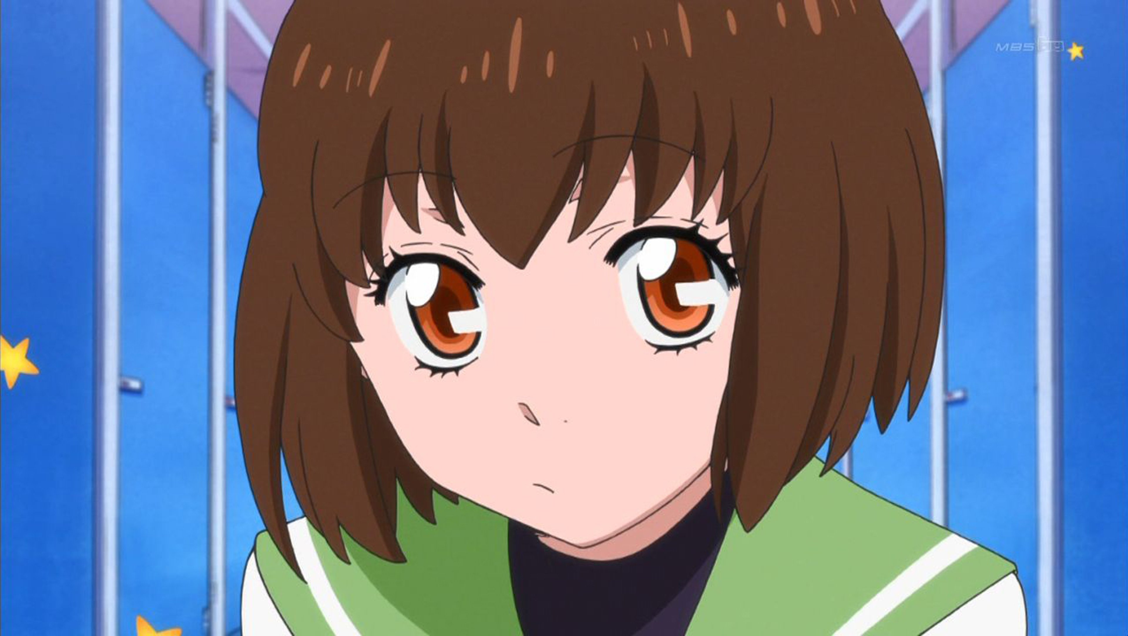 An anime-style character of a young teenage girl with short brown hair and a green sweater