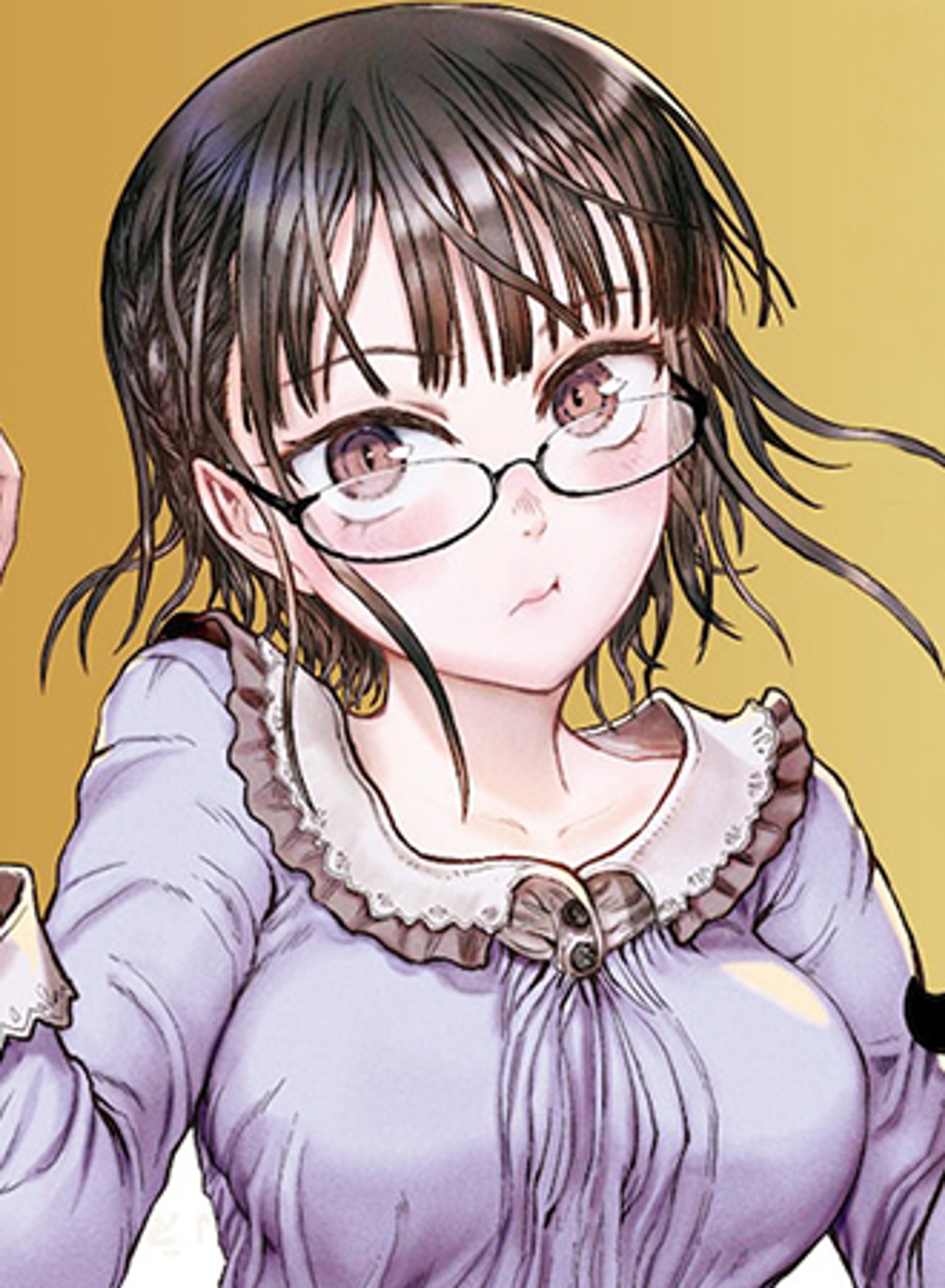 A young woman with glasses and shoulder-length black hair with purple highlights, wearing a light purple dress with a bow detail.