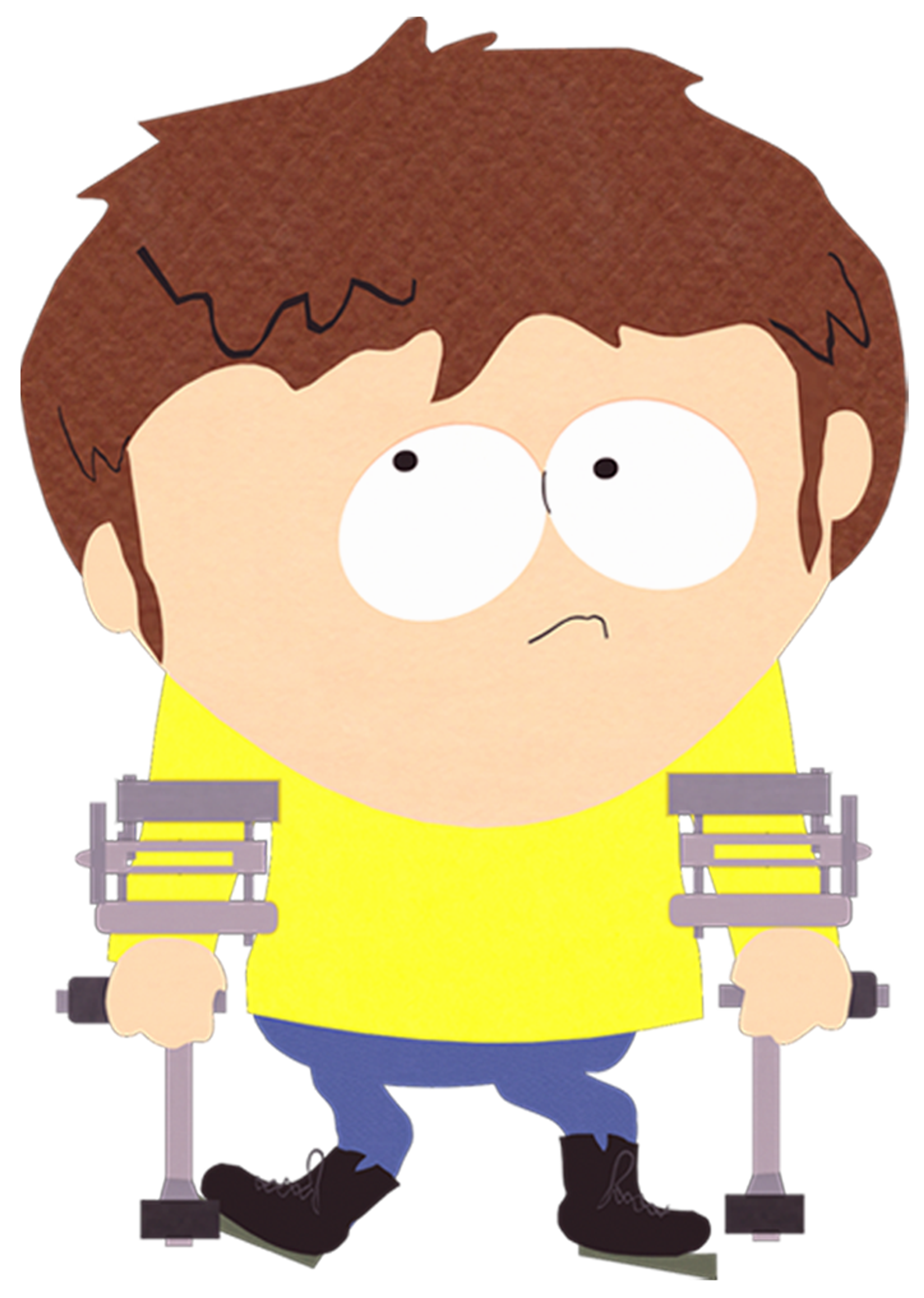 A young boy with brown hair and a yellow shirt using crutches
