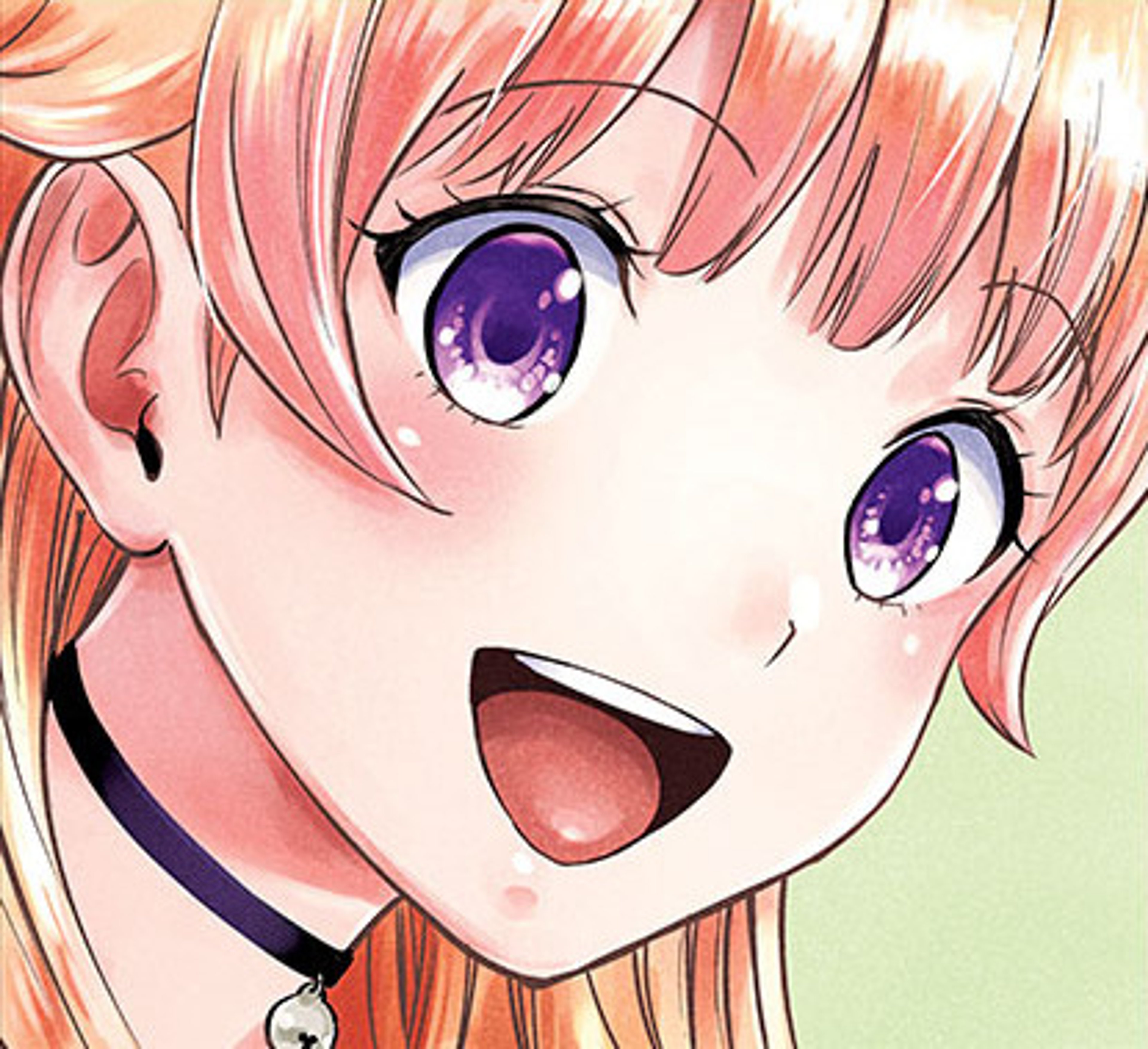 An anime-style character with orange and pink hair, purple eyes, and a cheerful expression