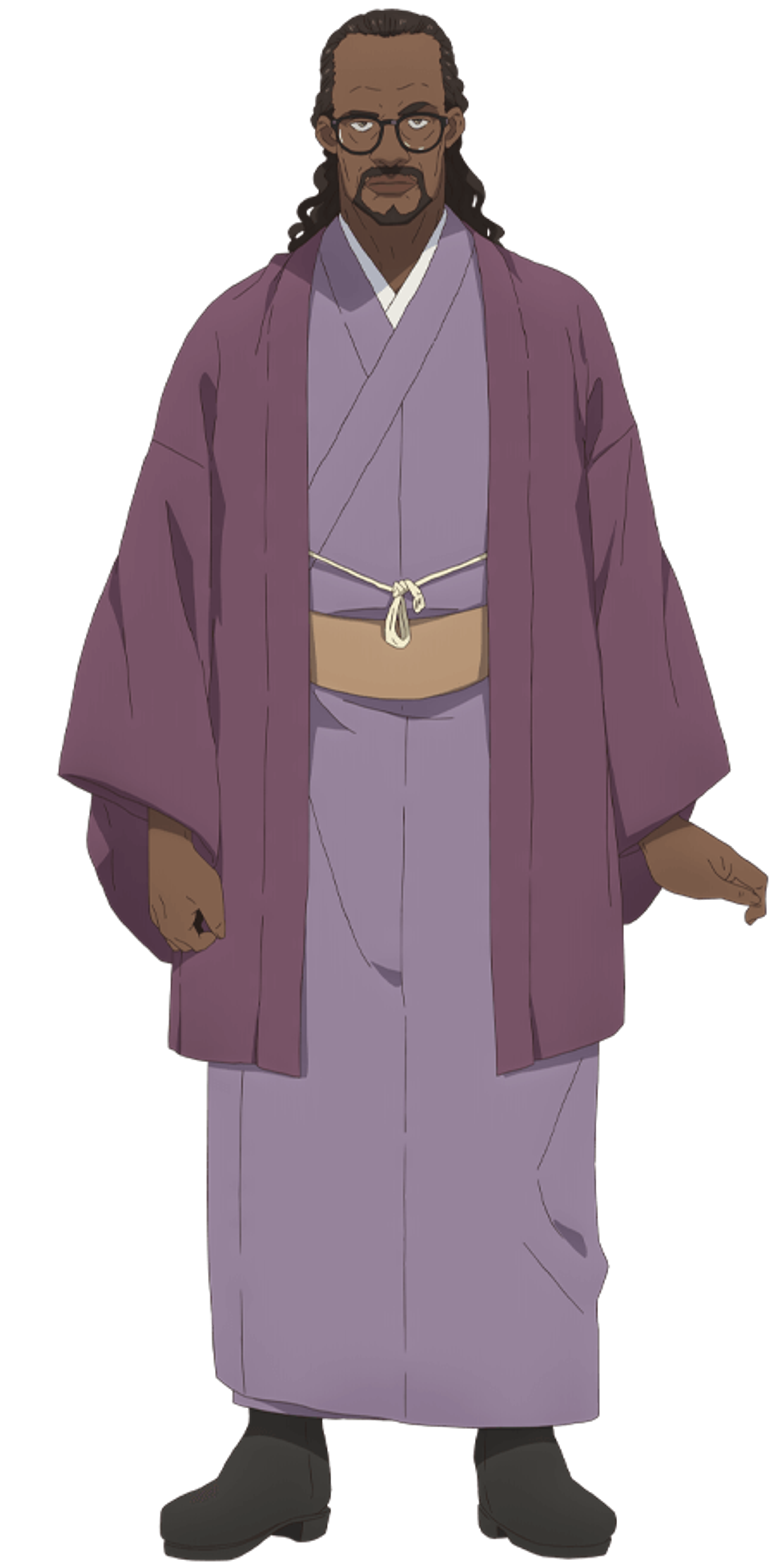 A middle-aged man with long black hair and a beard, wearing a purple robe-like garment