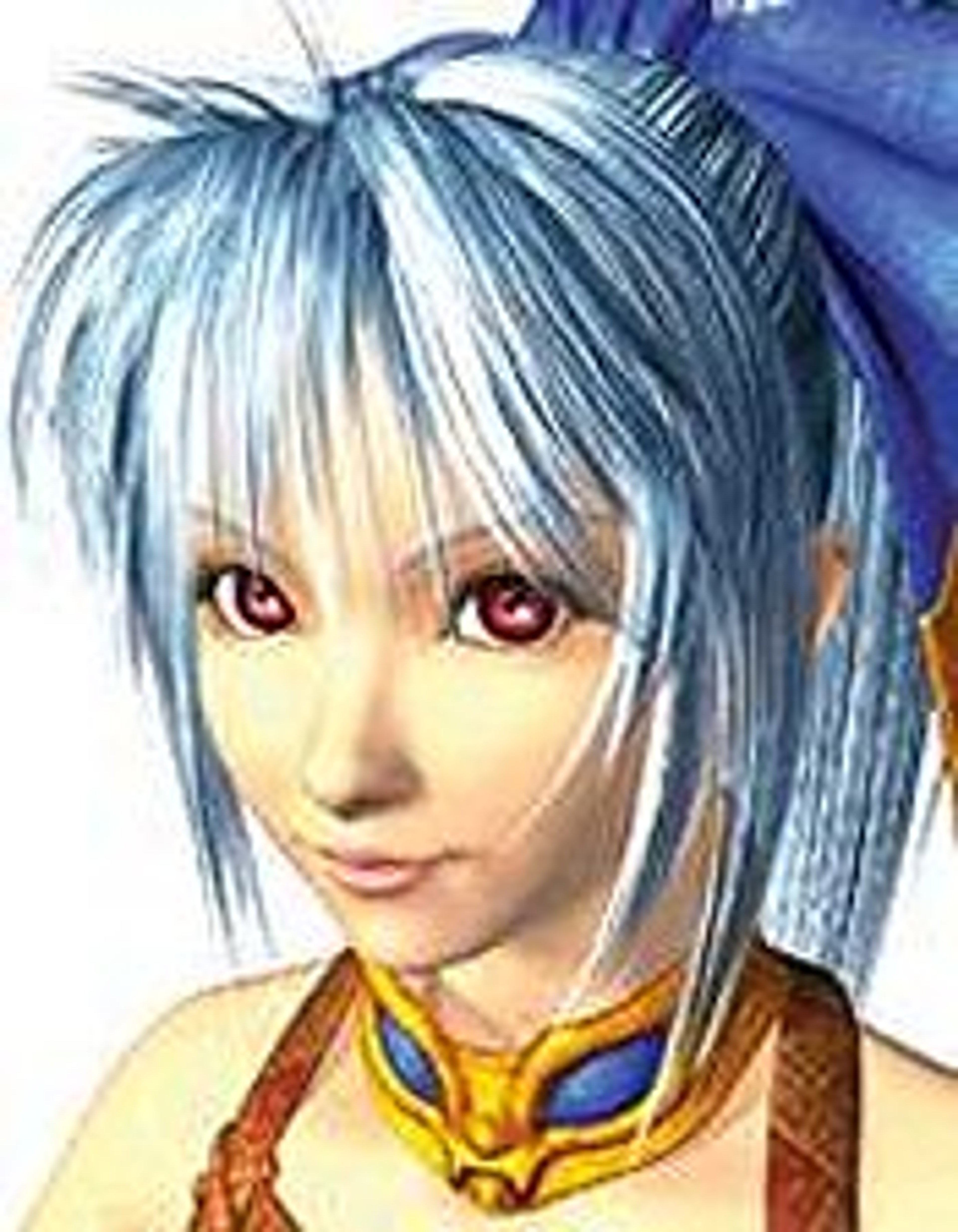 A young woman with silver hair and red eyes in a cheerful pose