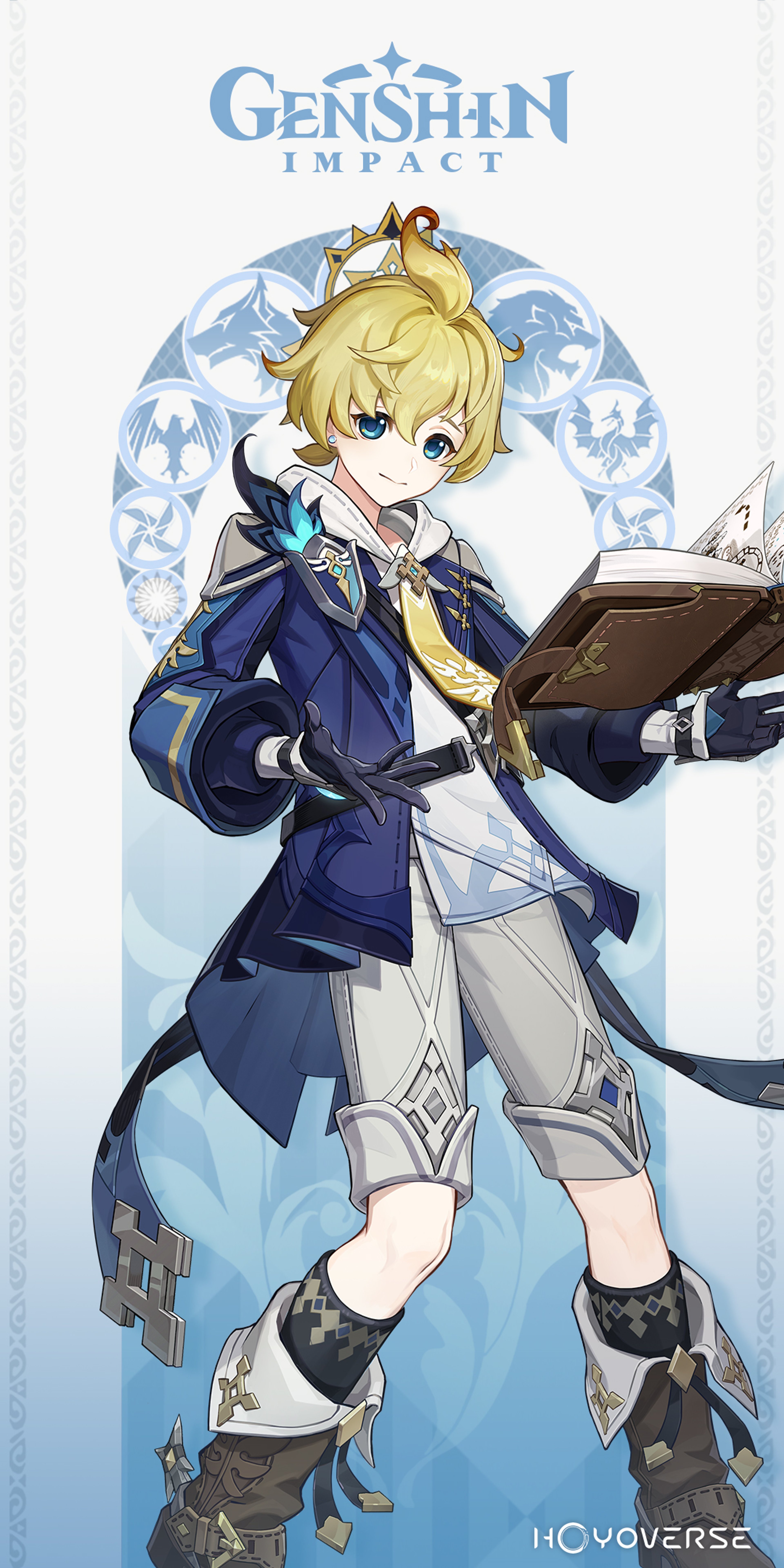 A young, blonde-haired character in a blue and white outfit holding a book or device, standing in a snowy landscape.