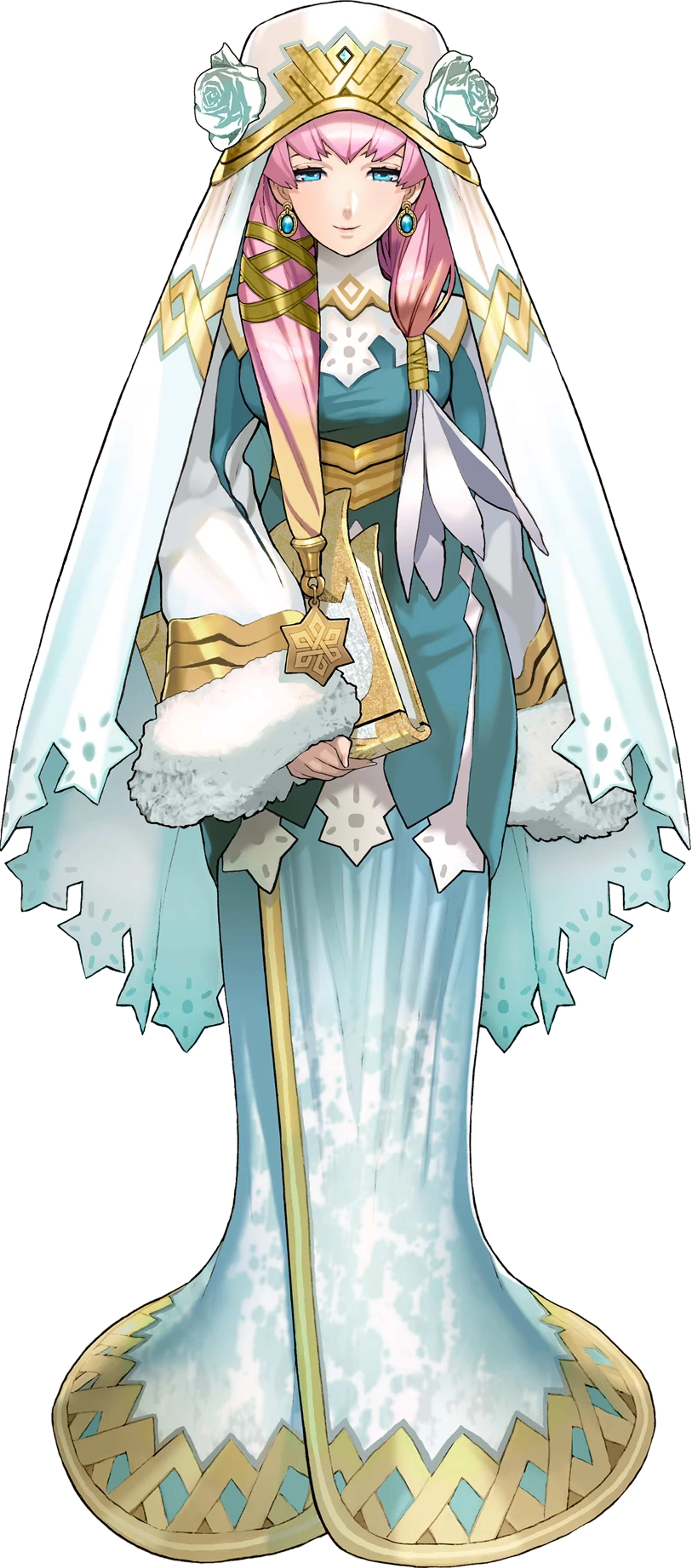 A female fantasy character with pink hair wearing an ornate dress and crown, holding a magical staff or scepter.