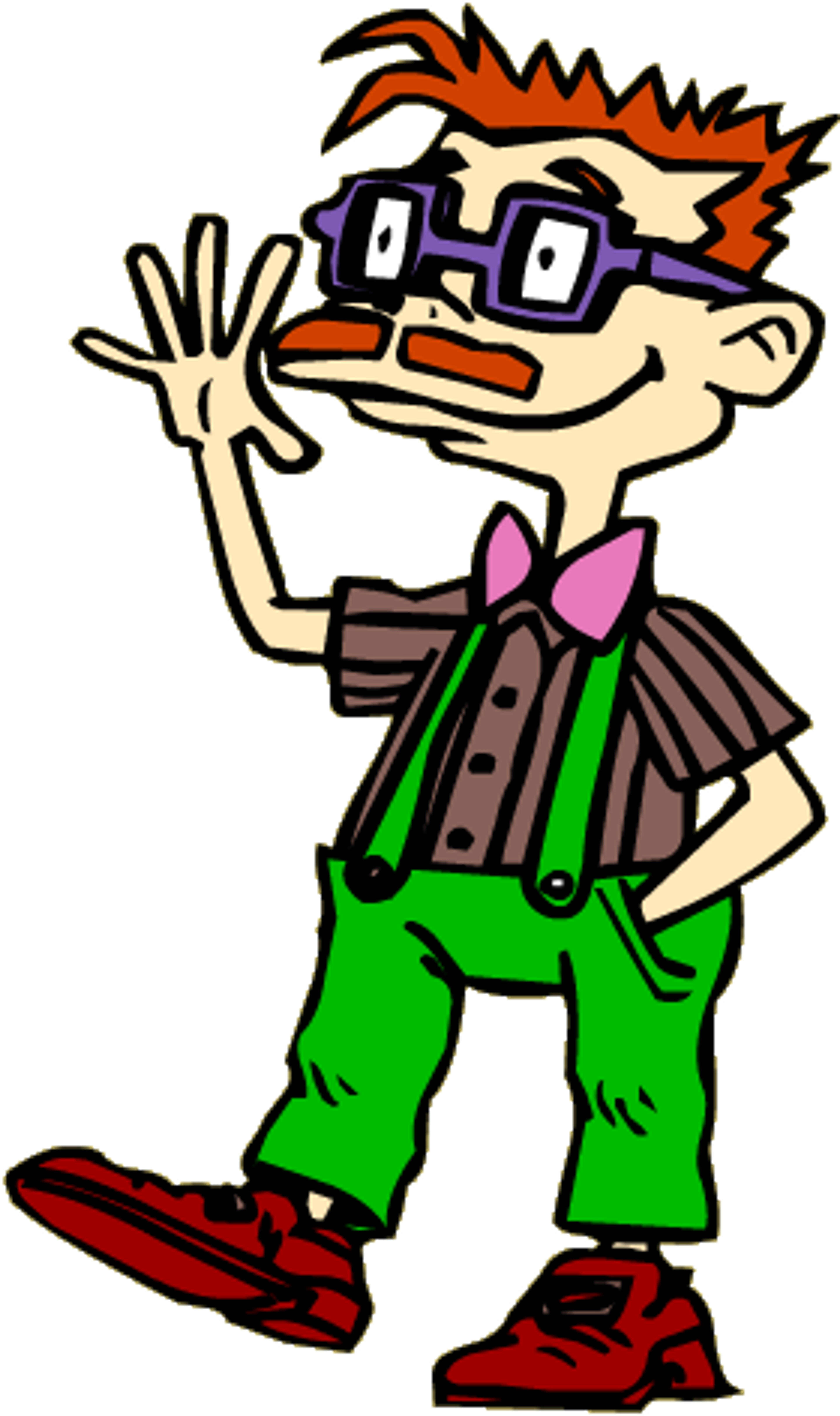 A cartoon character with orange hair, glasses, and a green outfit with suspenders, making a hand gesture.