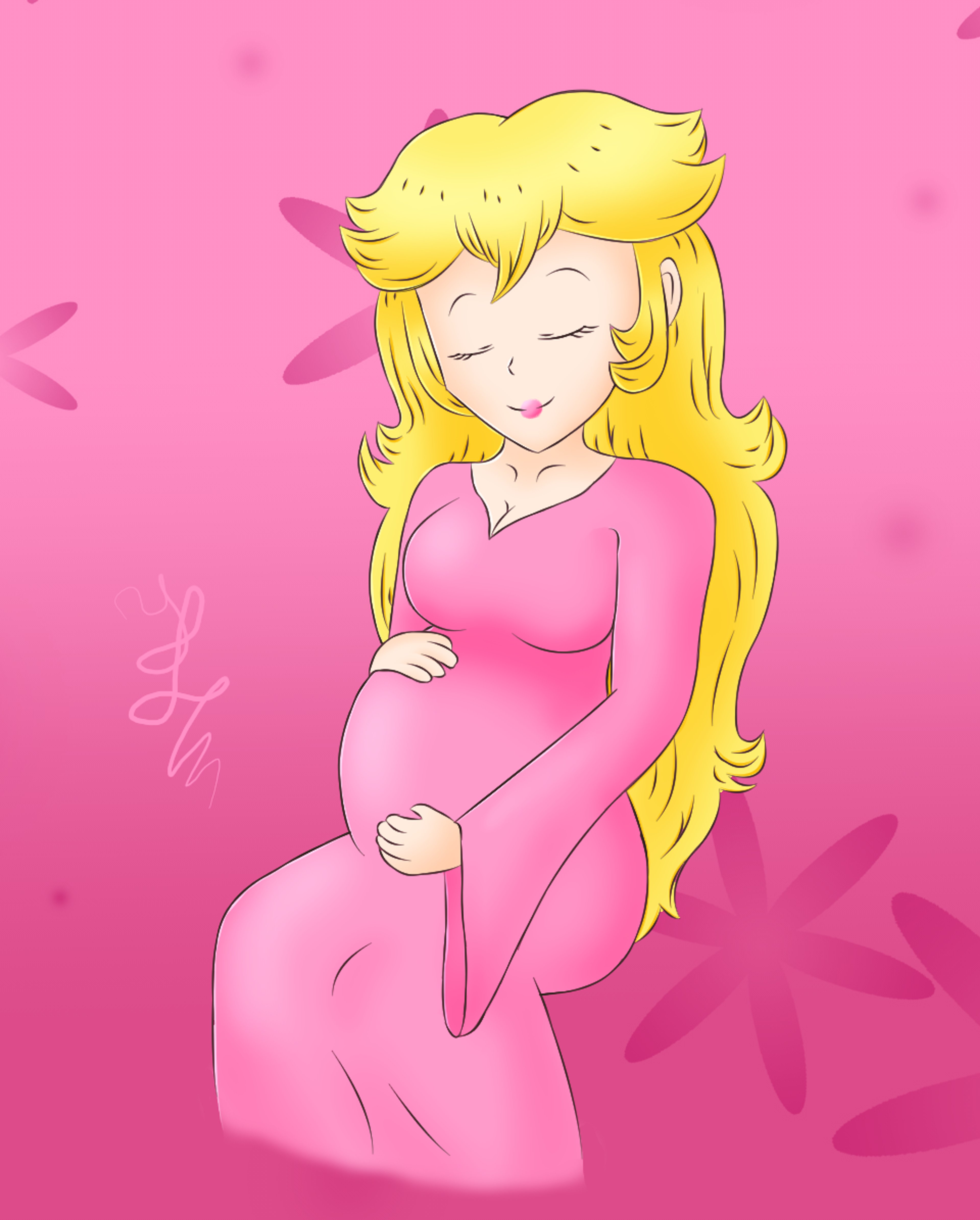 A pregnant woman with long, blonde hair wearing a pink dress and smiling against a pink background.