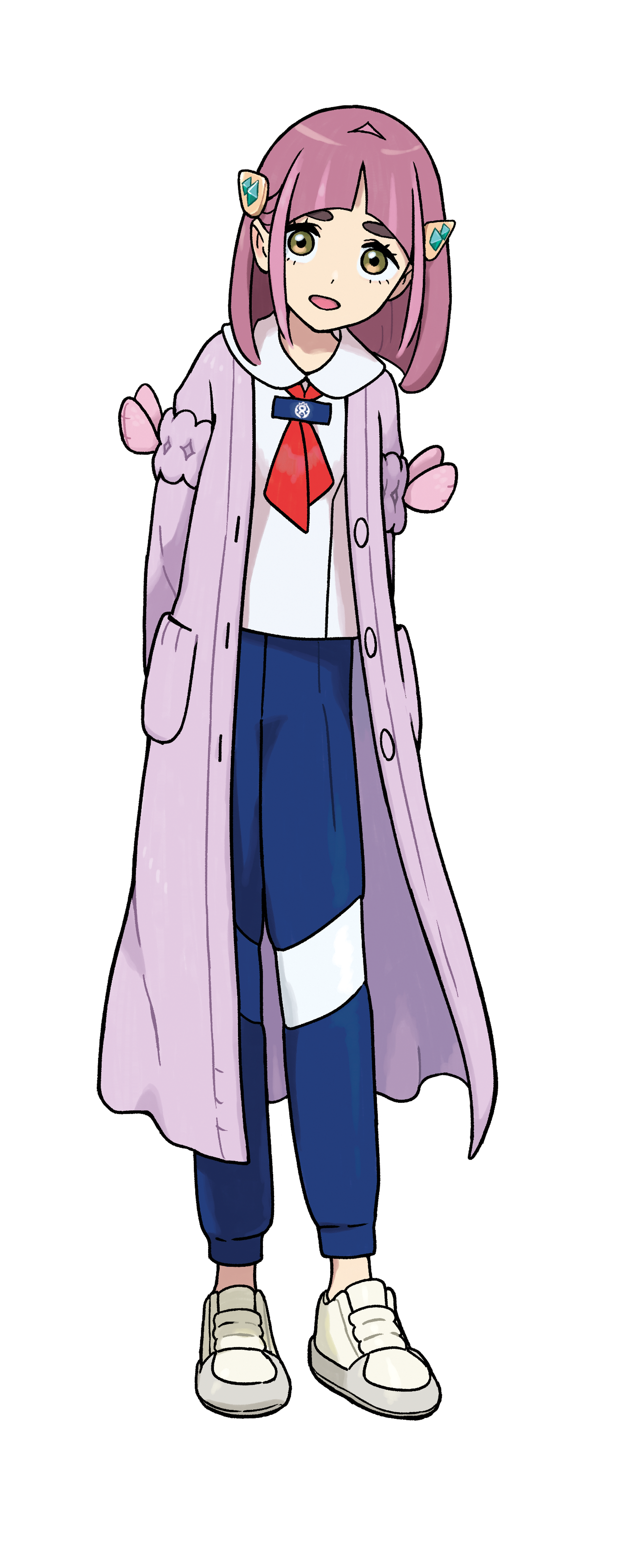 An anime-style character with light pink hair and yellow eyes, wearing a lavender coat and gloves.