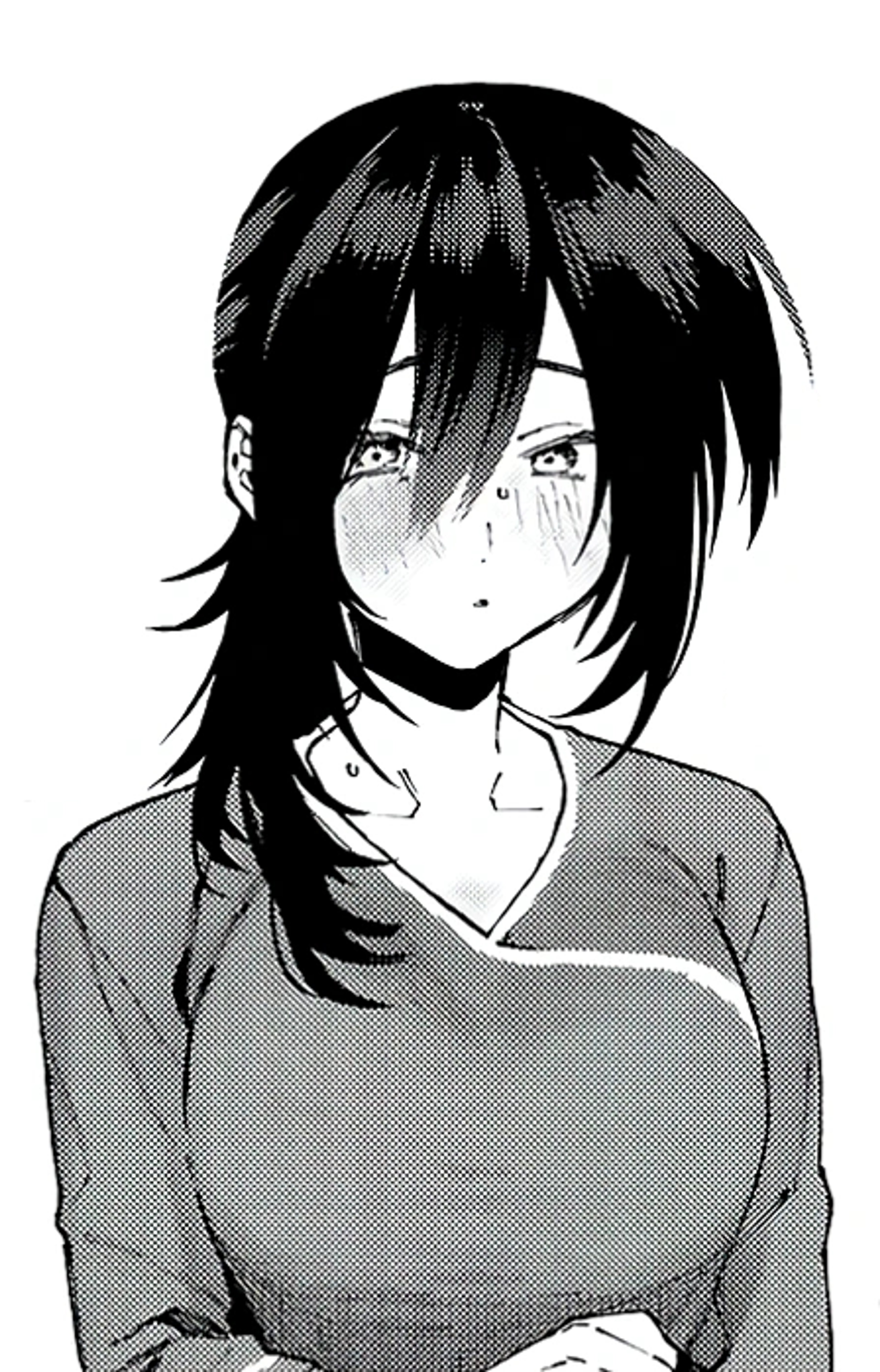 A young woman with short dark hair wearing a gray sweater