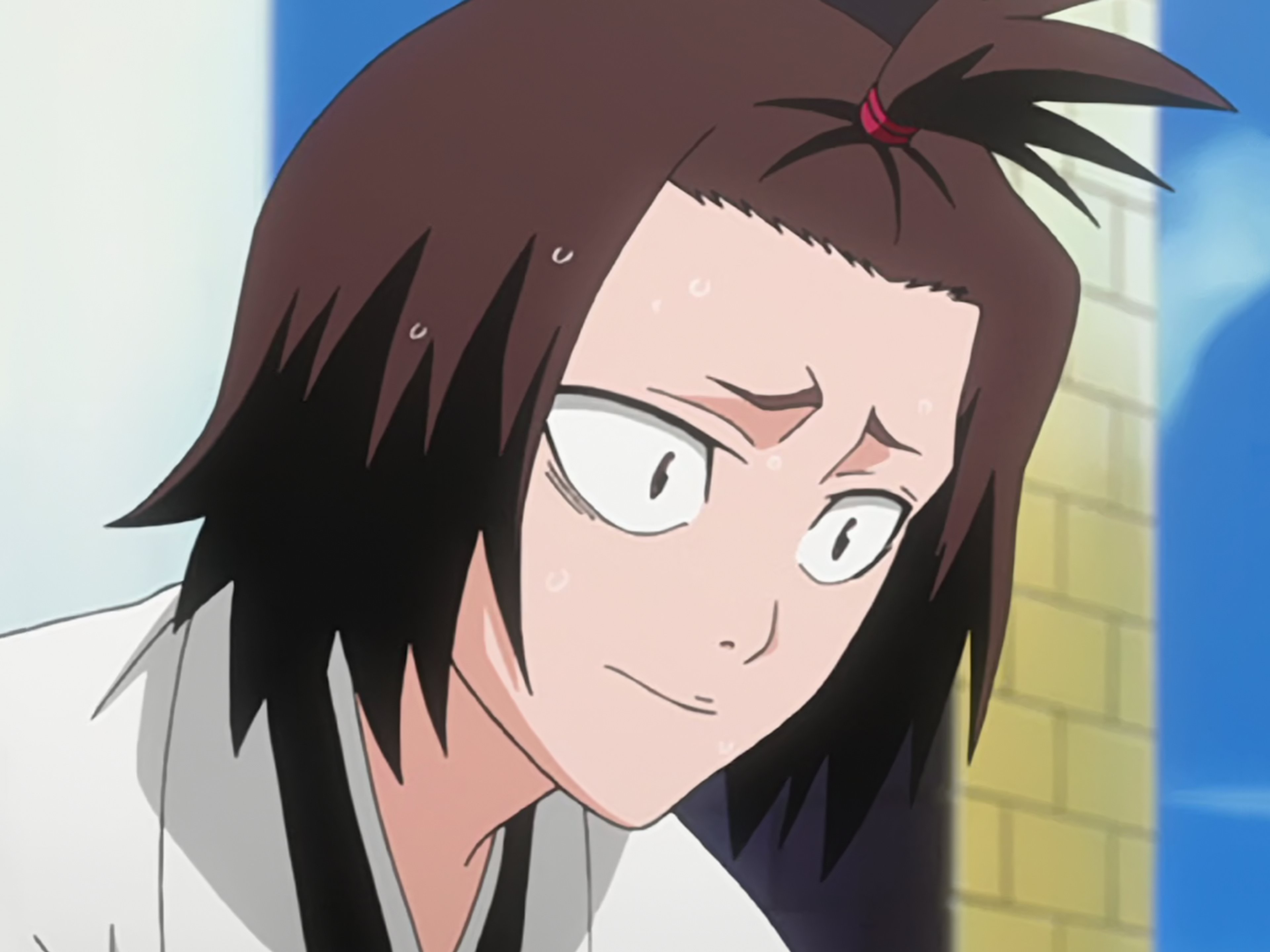An anime-style character with short, dark hair wearing a white lab coat or uniform