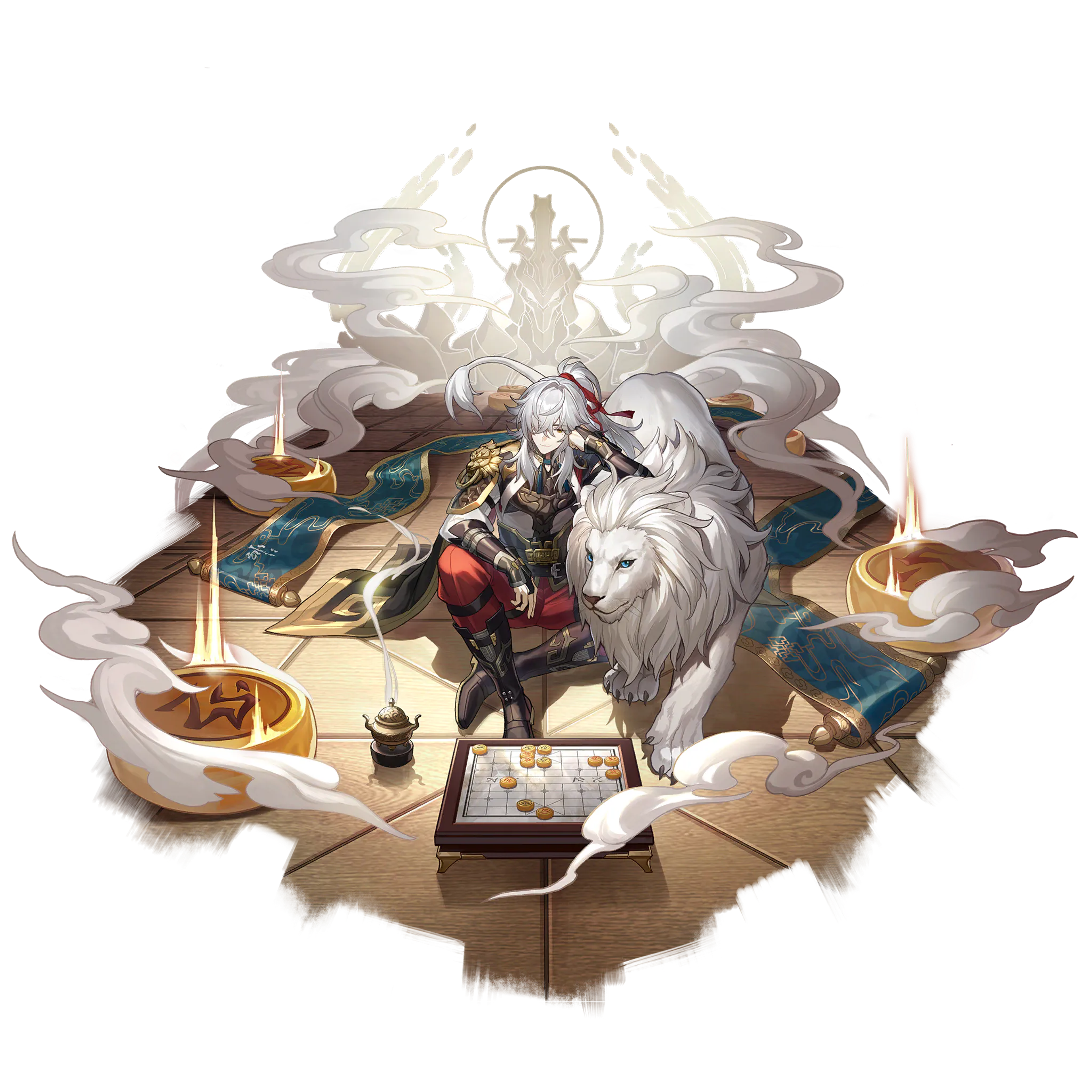 A detailed illustration of a powerful, lightning-wielding character in ornate white and gold robes, with a relaxed yet authoritative presence.