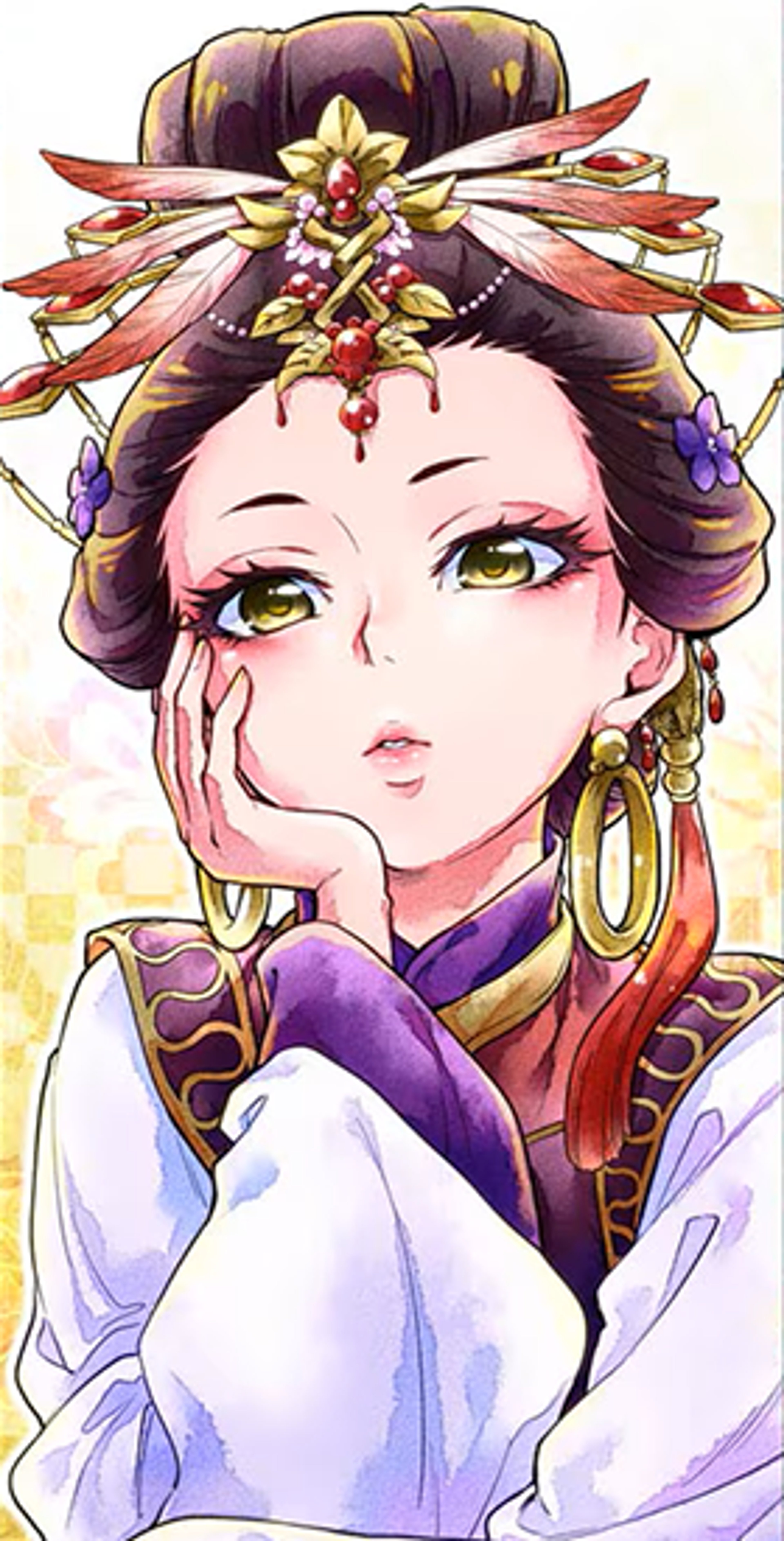 A young woman with purple hair and an elaborate, ornate outfit