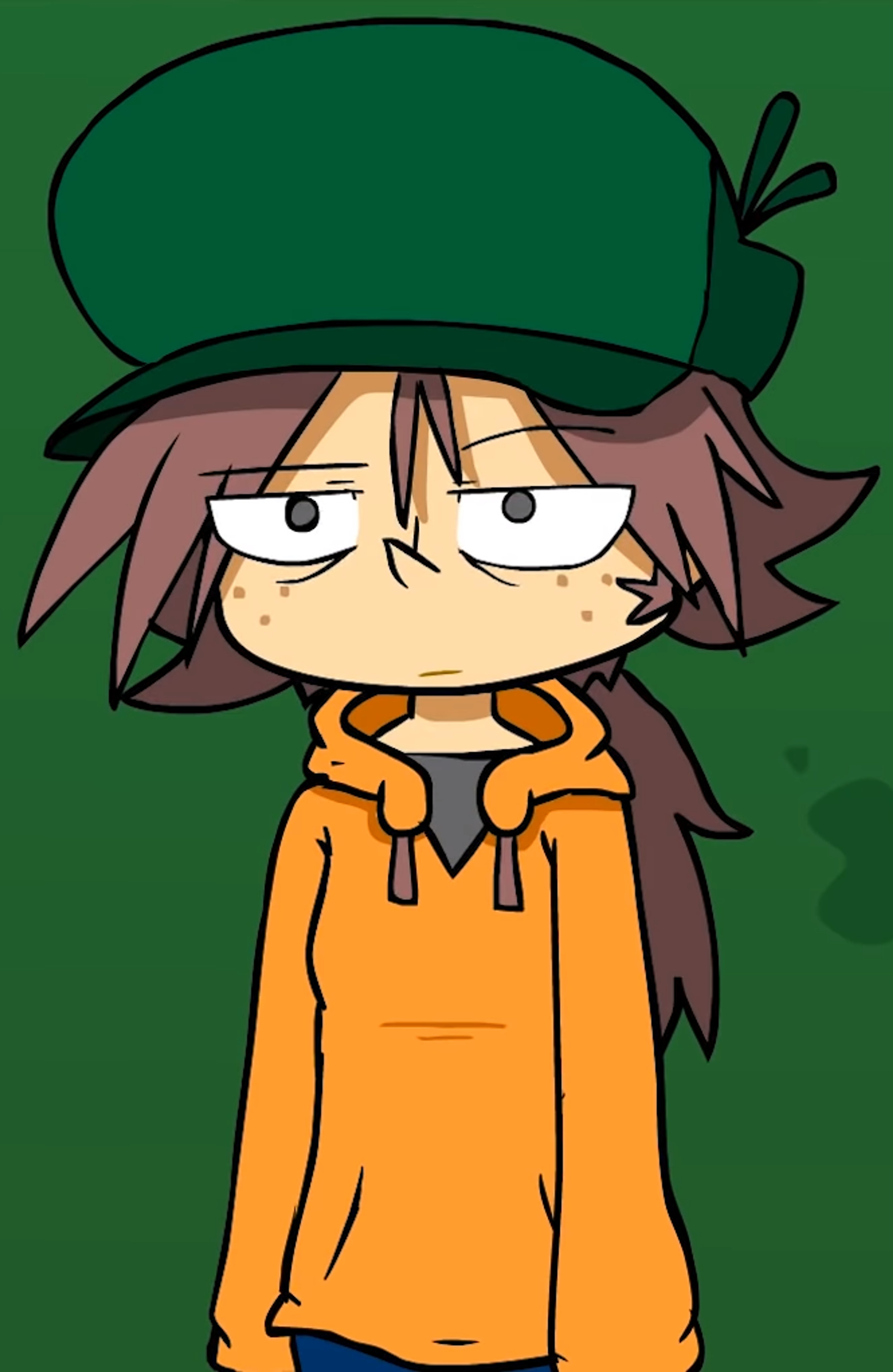 An animated character with messy brown hair, grey eyes, and freckles wearing a green cap, orange hoodie, and brown shoes.