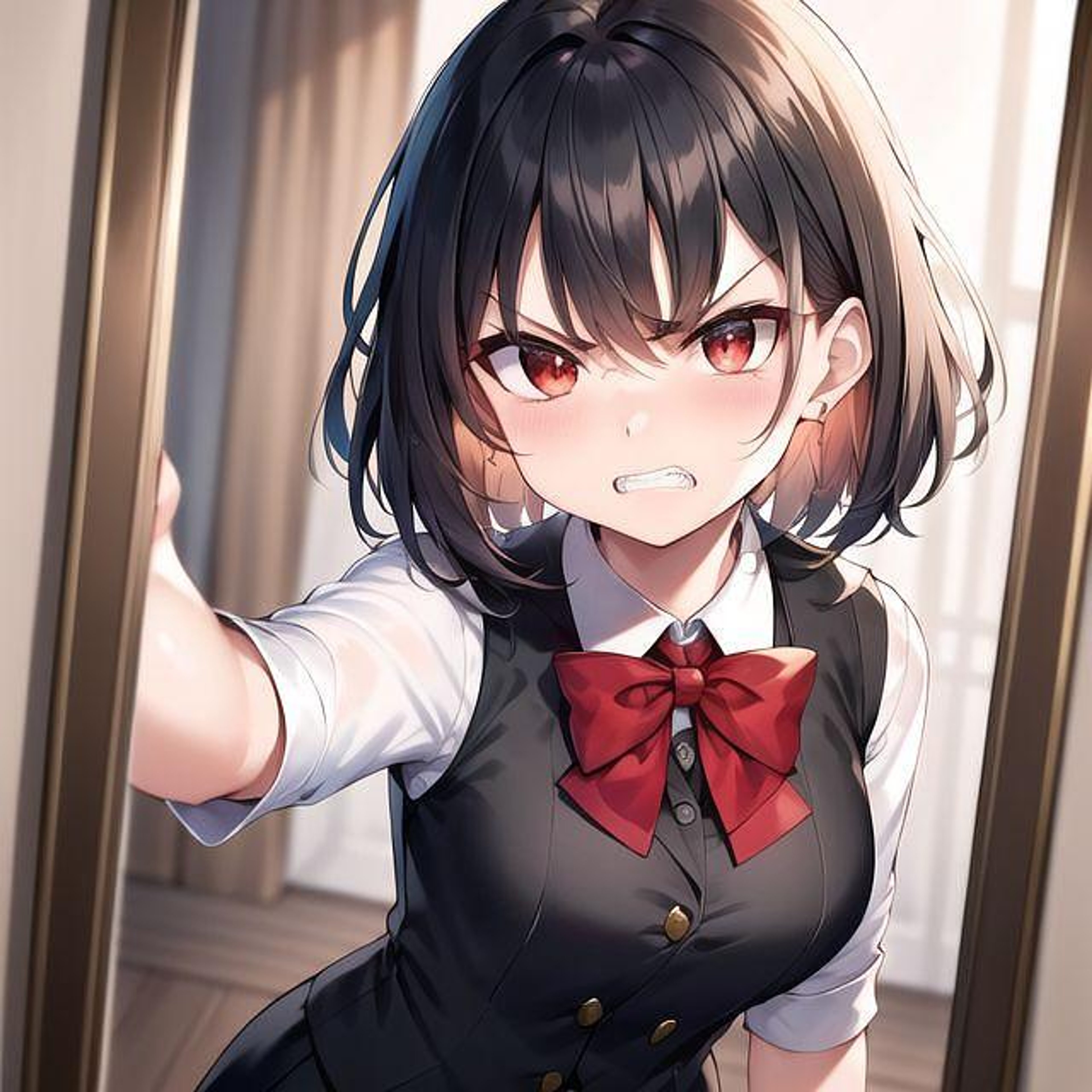 A young anime-style girl with short black hair and red eyes wearing a school uniform
